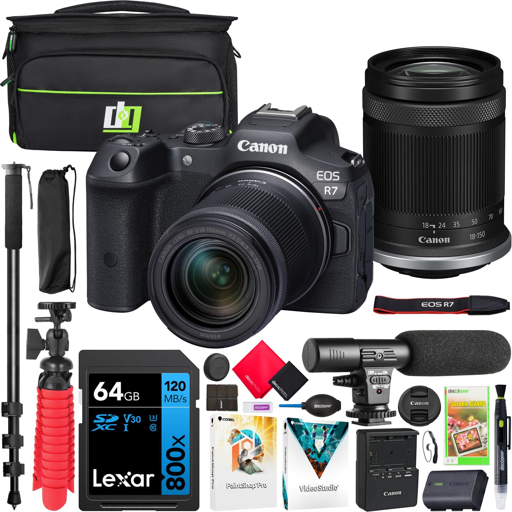Canon EOS R7 Mirrorless Camera Body with RF-S 18-150mm F3.5-6.3 is STM Lens 5137C009 Bundle with Deco Gear Photography Bag + Mic