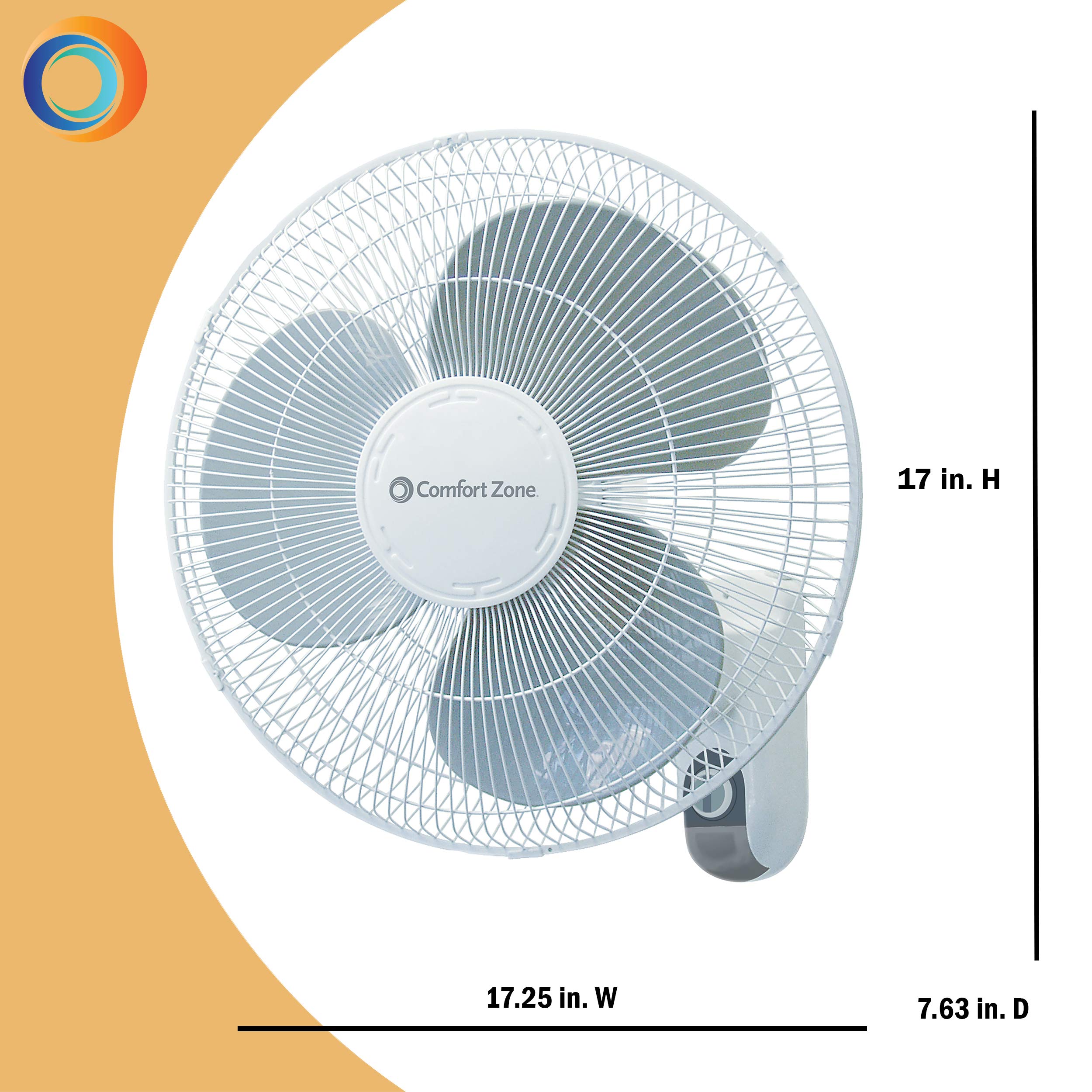 Comfort Zone Oscillating Wall Mount Fan With Adjustable Tilt, 16 Inch, 3 Speed, Metal Grille, 90 Degree Oscillation, Airflow 14.