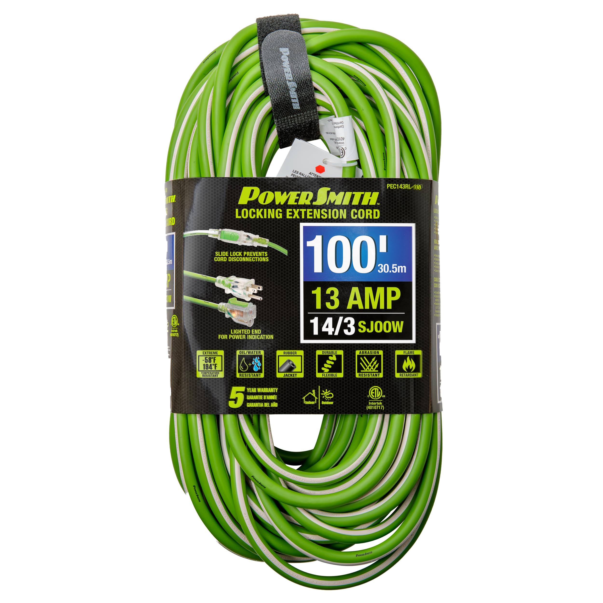 Powersmith 100 Ft. Medium Duty Extension Cord 14/3 Sjoow 13 Amp Indoor/Outdoor Locking, Lighted End,  58F To 194F, 5 Year Warran