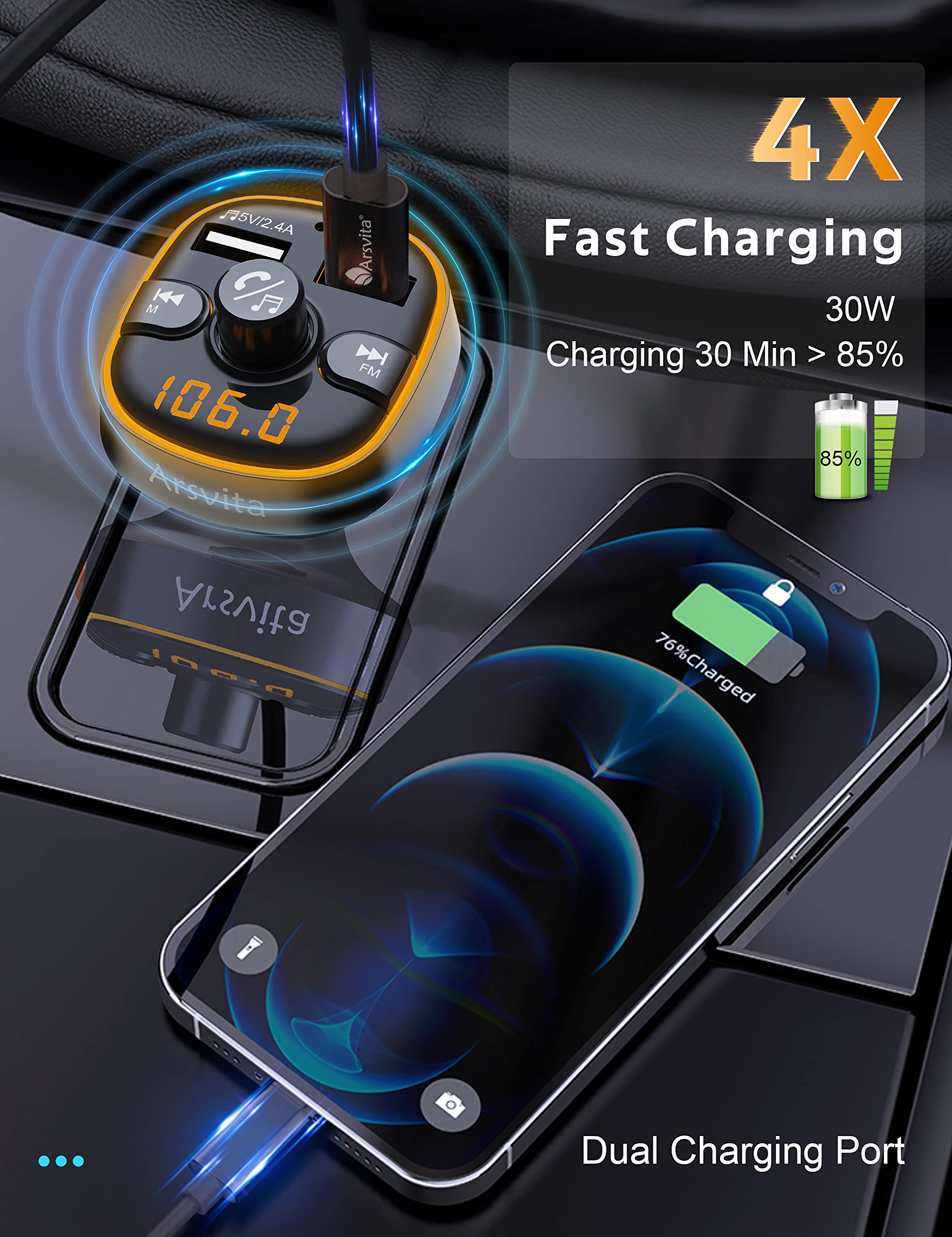 Arsvita Bluetooth Fm Transmitter For Car, Radio Receiver/Audio Adapter With Dual Car Charger, Support Qc3.0 Quick Charging, Hands Free Calling And Hi Fi Sound Playback, Black