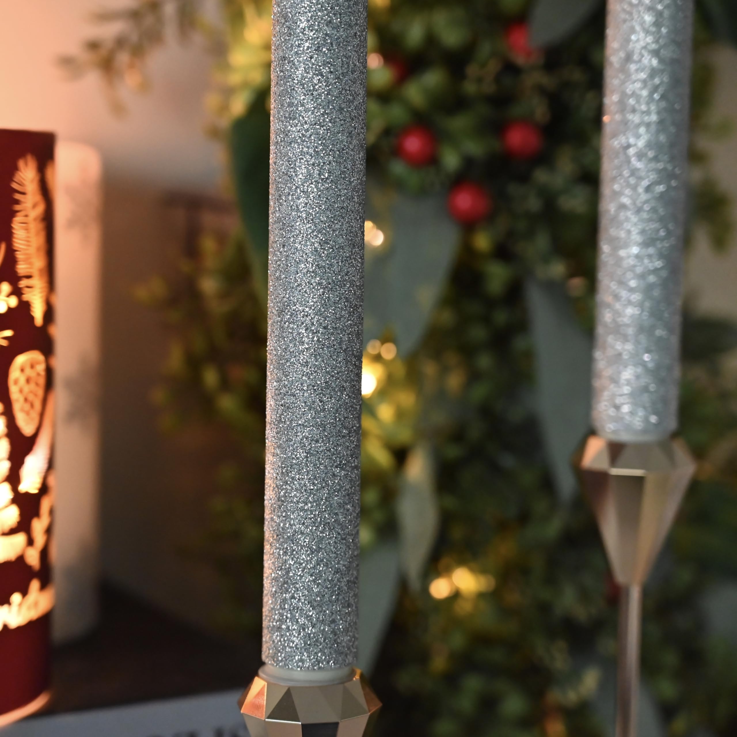 Cozierglow Glitter Silver 9 Inch Battery Operated 3D Moving Flame Taper Candles With Remote And Timer, Pack Of 2