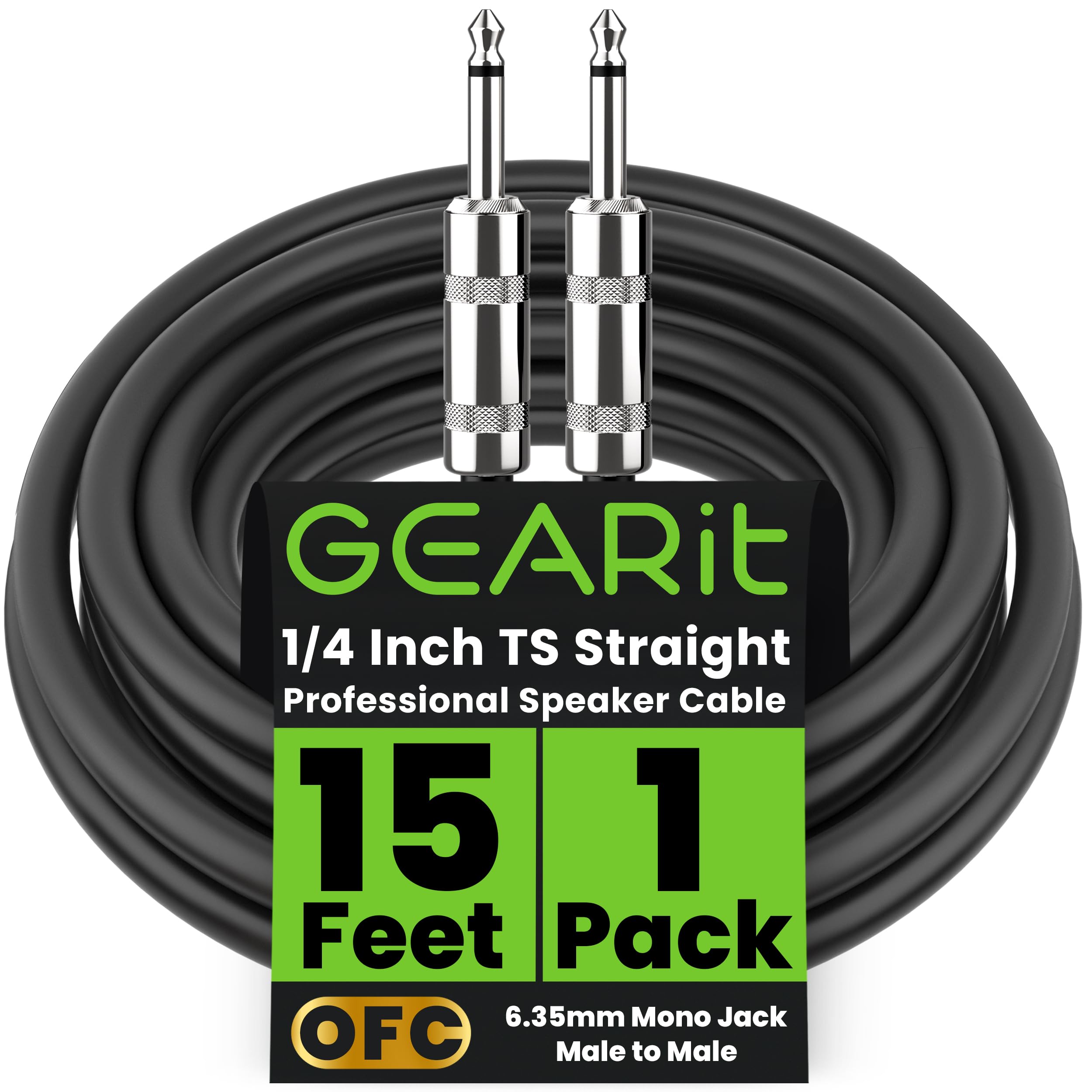 GEARit Professional Speaker Cable (10ft) 12AWG Pure Copper 1/4 inch to 1/4 inch TS Straight Male to Male for Amplifier, Speaker 
