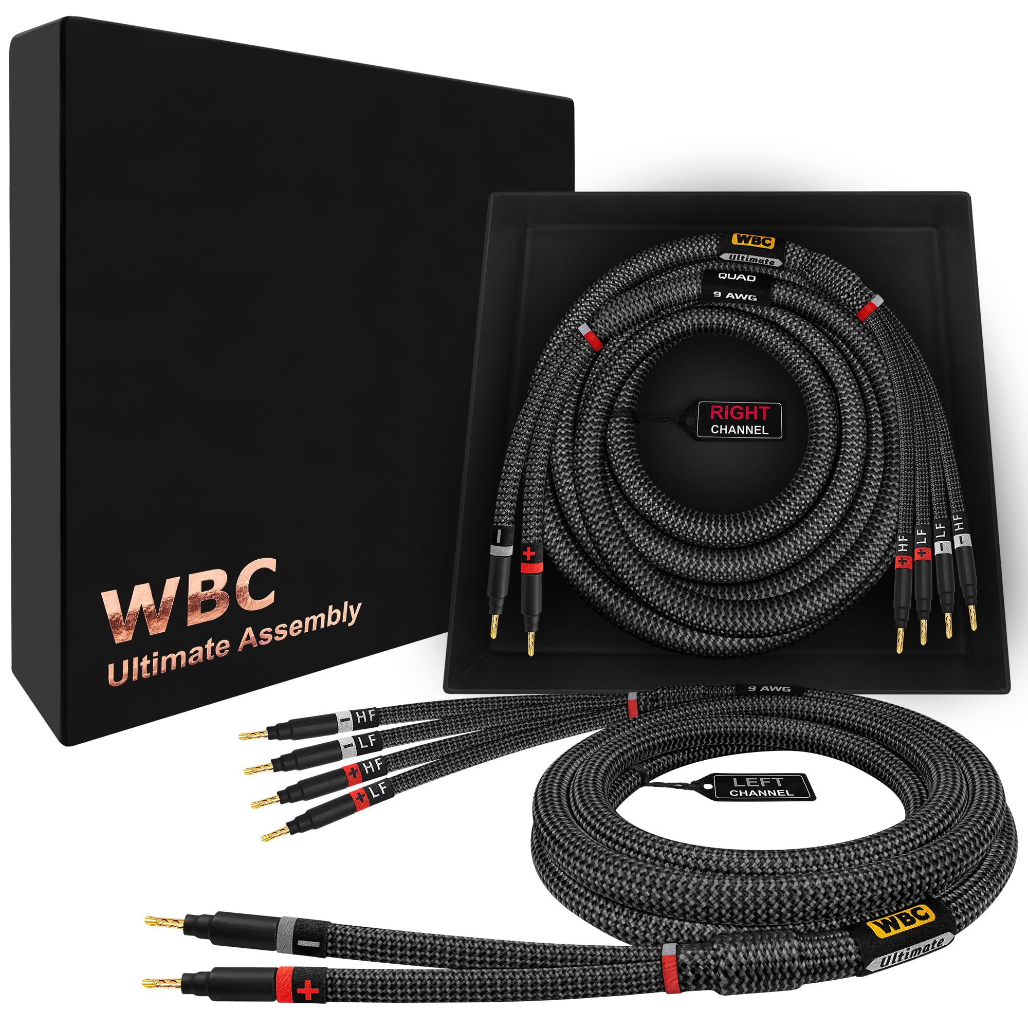 Worlds Best Cables 8 Foot Ultimate   9 Awg   Ultra Pure Ofc   Premium Audiophile Hifi Bi Wire Speaker Cable Pair With Eminence Gold Banana Plugs & Carbon Tweed Jacket