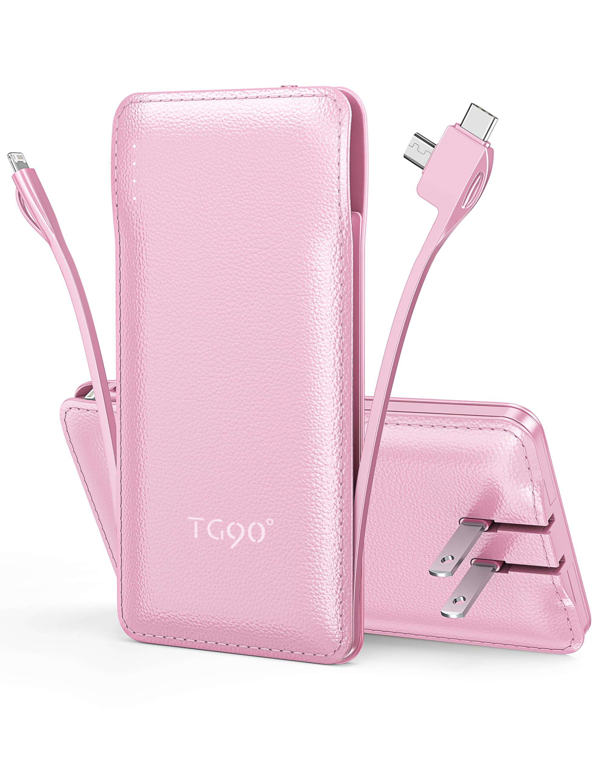 Tg90 10000Mah External Battery Pack With Built In Foldable Ac Wall Plug, Compact Cell Phone Charger With Cables Power Bank Compa