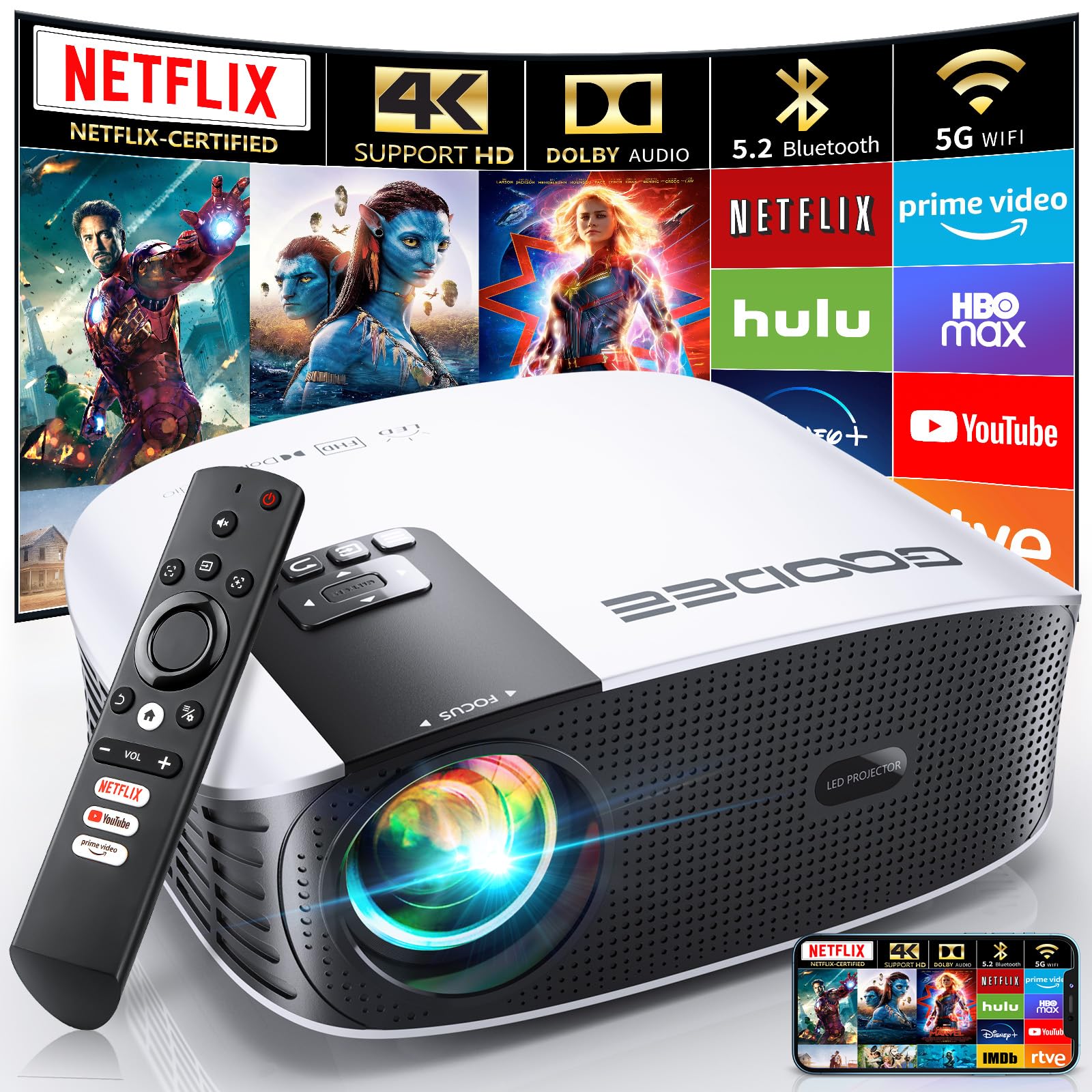 Goodee Smart 4K Projector With 5G Wifi And Bluetooth, Netflix/Amazn Prime Video Certified, Dolby Audio, 800Ansi Outdoor Projecto