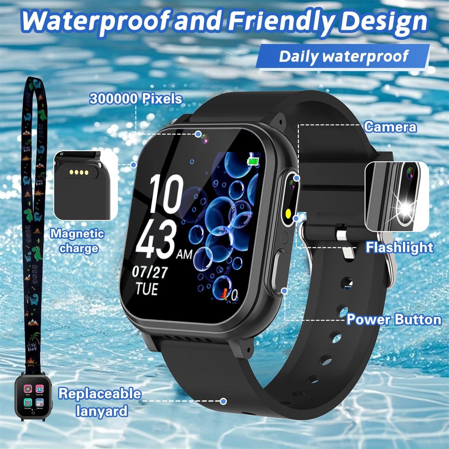 Kids Waterproof Smart Watch With 32 Games Hd Touchscreen Dual Camera Music Player Pedometer Flashlight Habit Tracking Storybook,