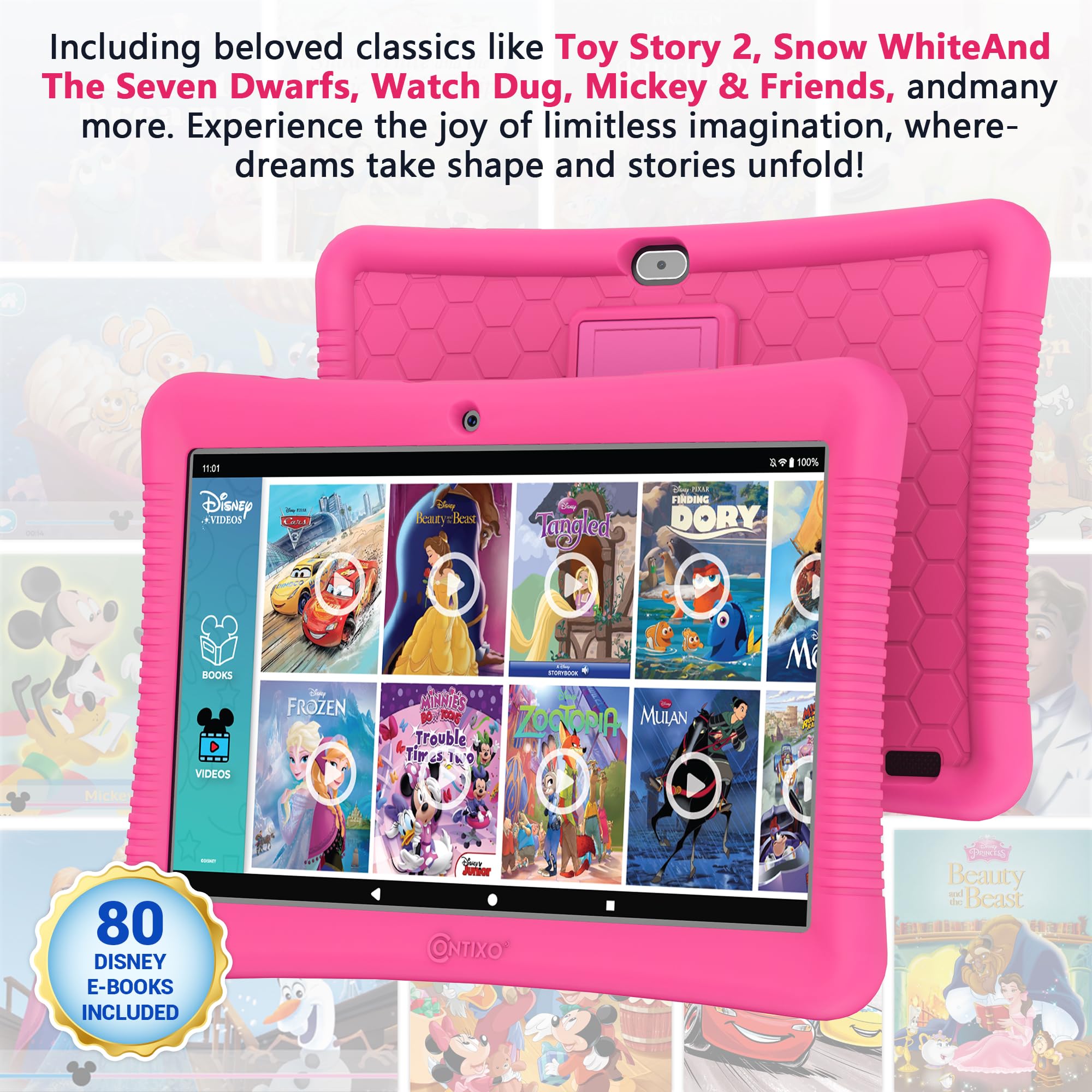 Contixo Kids Tablet K102 10 Inch Hd, Ages 3 7 Toddler Tablet, Parental Control, Android 10, 64Gb, Wifi, Learning Tablet For Children With Disney E Book Pre Installed, Kid Proof Case, Pink