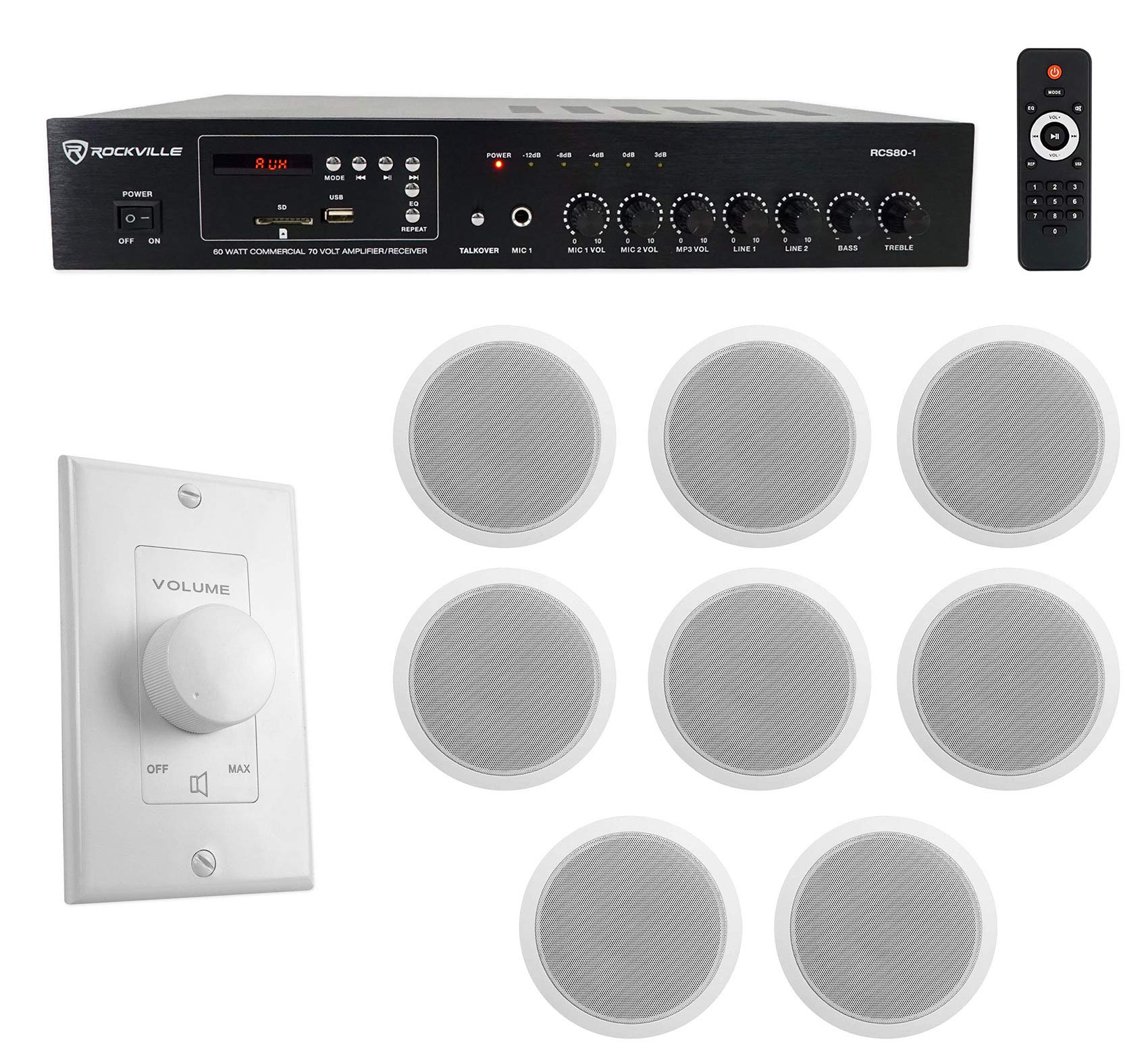 Rockville Commercial Restaurant Amp+(8) 6 Inches White Ceiling Speakers+Wall Control