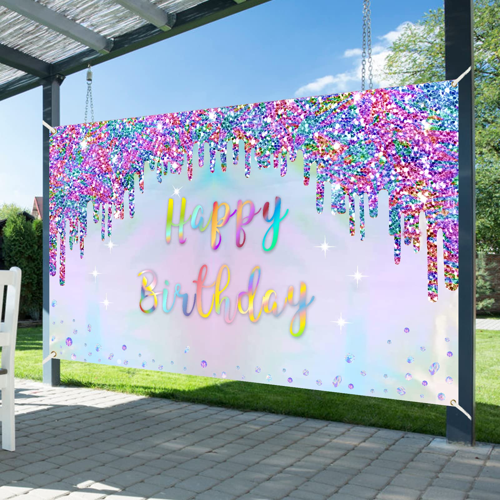 Iridescent Party Supplies Holographic Birthday Banner Decorations, Rainbow Happy Birthday Sign, Colorful 1St 10Th 16Th 21St 30Th