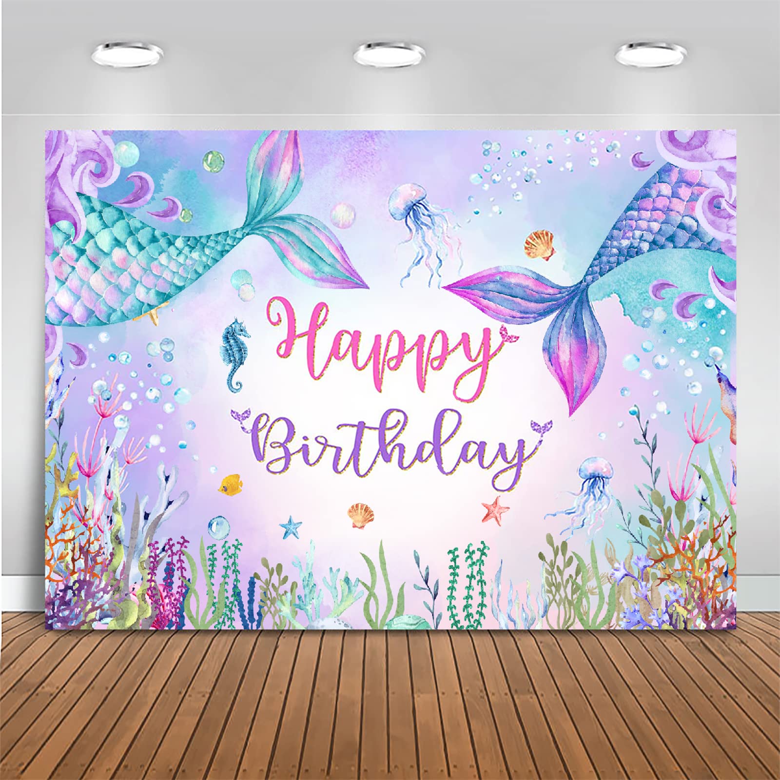 Mocsicka Mermaid Birthday Backdrop Under The Sea Birthday Party Decoration For Girl Blue Purple Mermaid Tails Photography Backgr
