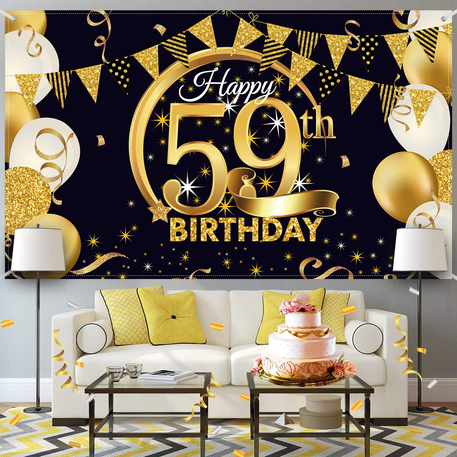 59Th Birthday Party Decoration, Extra Large Fabric Black Gold Sign Poster For 59Th Anniversary Photo Booth Backdrop Background B