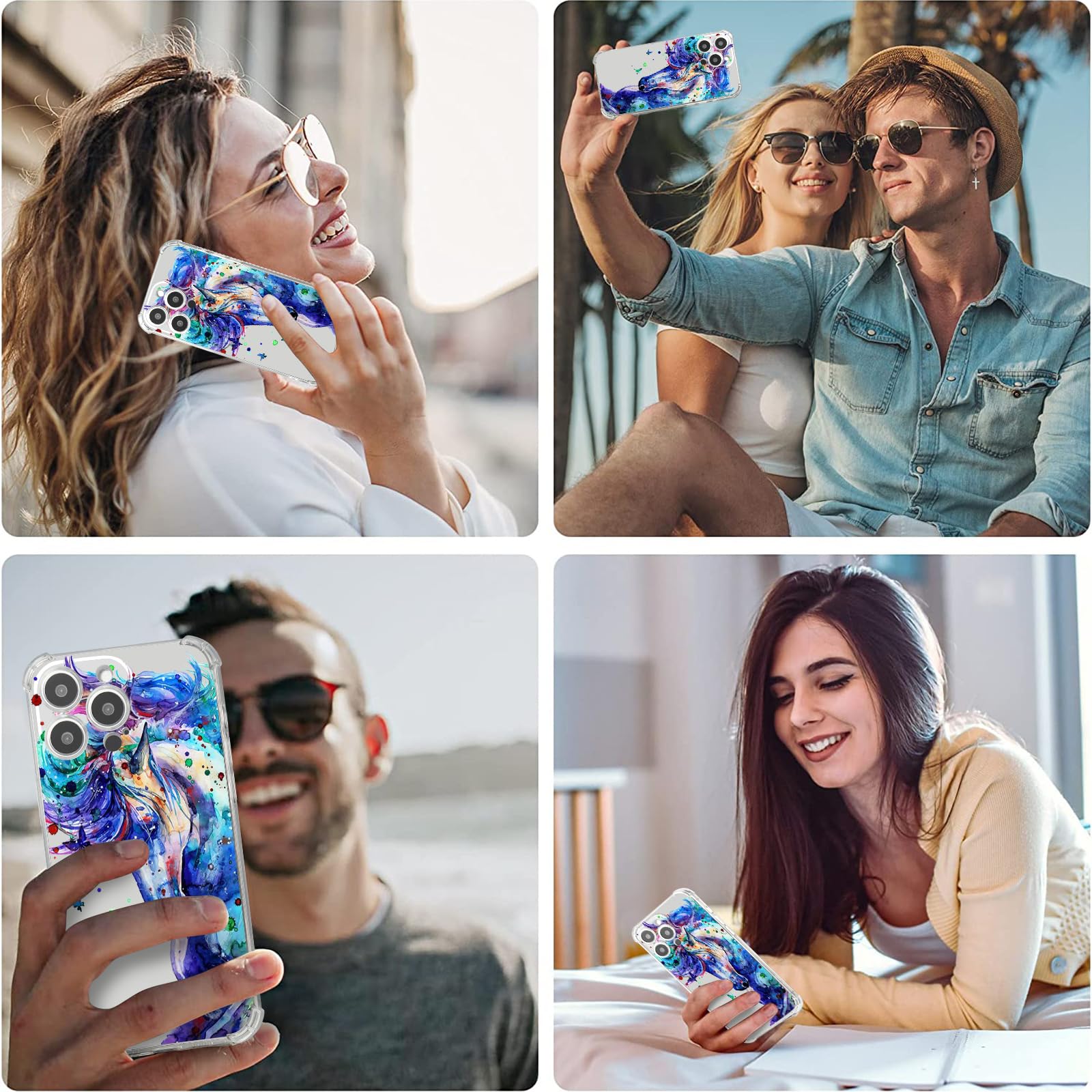 Roemary Purple Case For Iphone 16 Plus With Blue Horse Design,Watercolor Pattern With Screen Protector [Buffertech 6.6 Ft Drop I