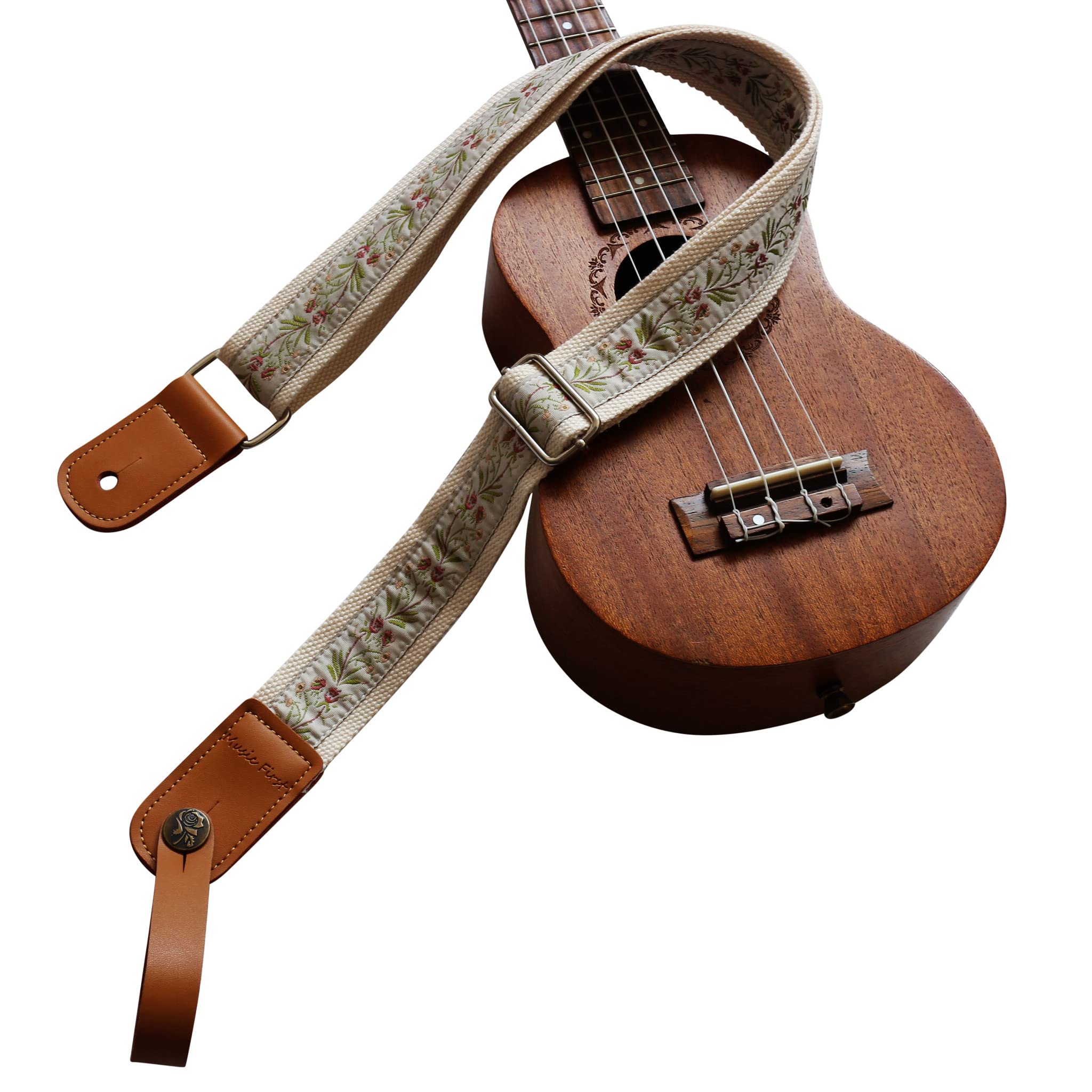 Music First Original Design Vintage Floral Embroidered & Genuine Leather Ukulele Strap Ukulele Shoulder Strap With A Genuine Lea
