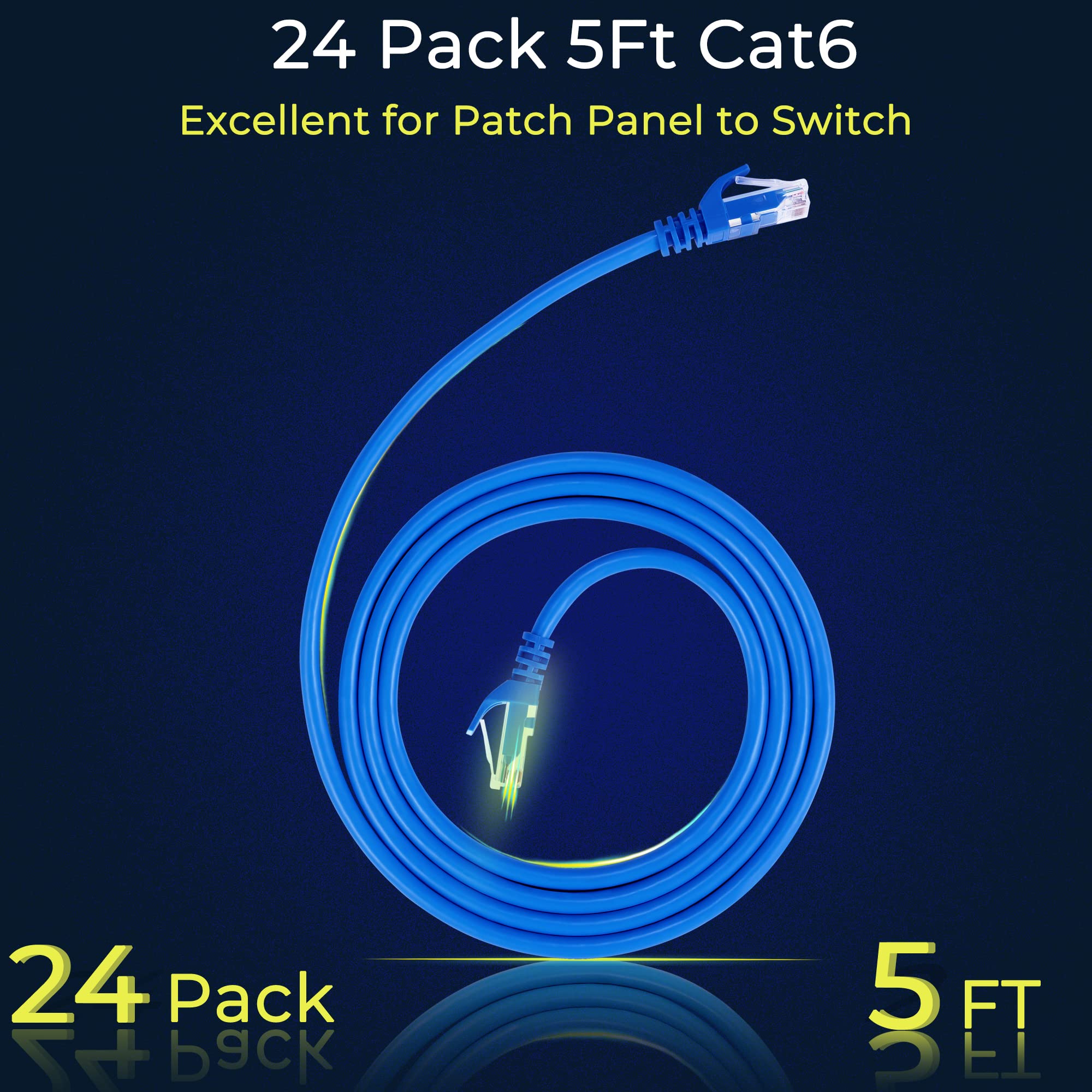 Rapink Patch Cables Cat6 5Ft (24 Pack), Ethernet Patch Cable 10G Support, Cat 6 Patch Cable For Patch Panel To Switch, Flexiable Cat 6 Ethernet Cable With Gold Plated Blue