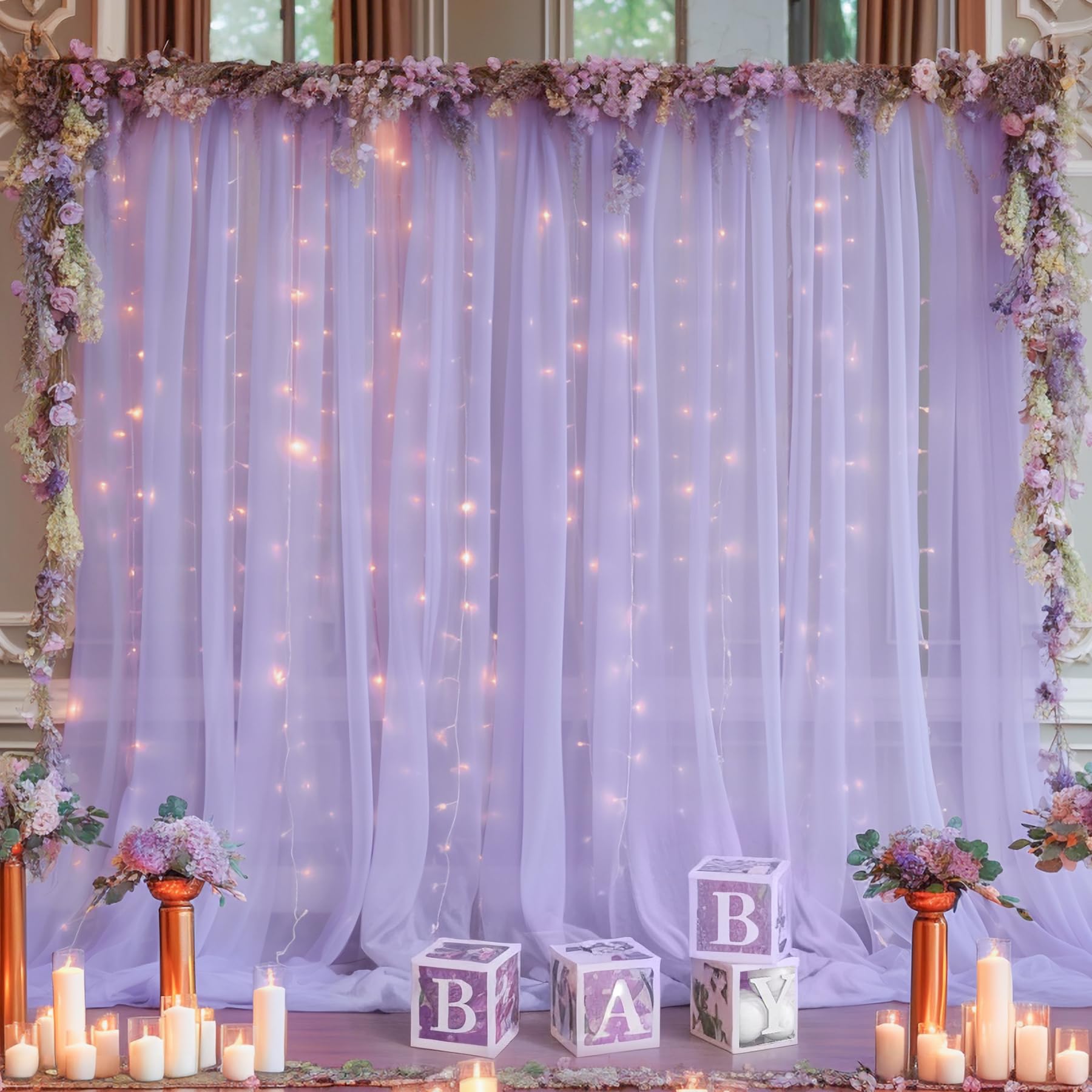 10X10Ft Purple Tulle Backdrop Curtain With Lights String For Parites, Sheer Backdrop Curtains For Wedding Baby Shower Birthday P