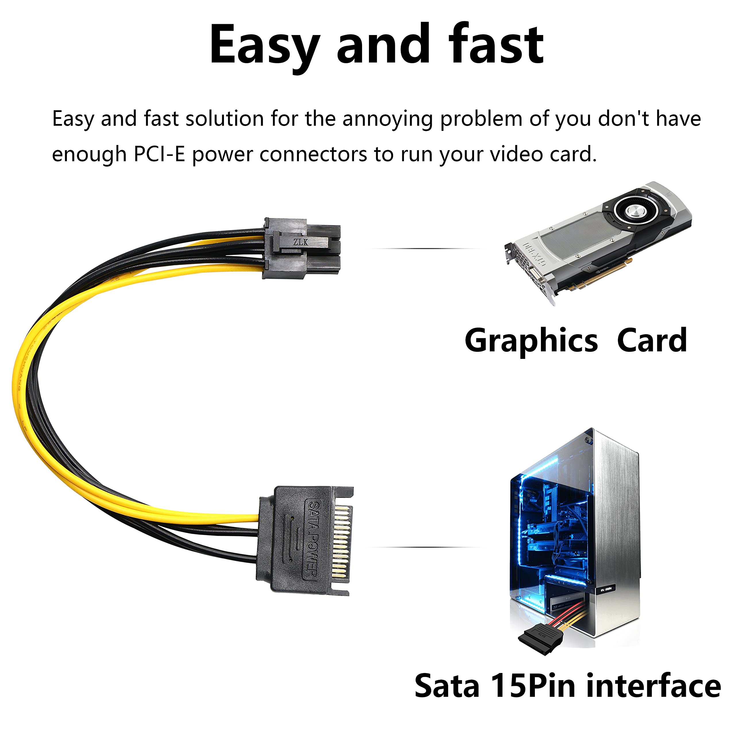 Gelrhonr Sata To 6 Pin Pcie Power Cable,Sata 15 Pin Male To 6 Pin Pci Express Graphics Video Card Power Cable For Host And Graph
