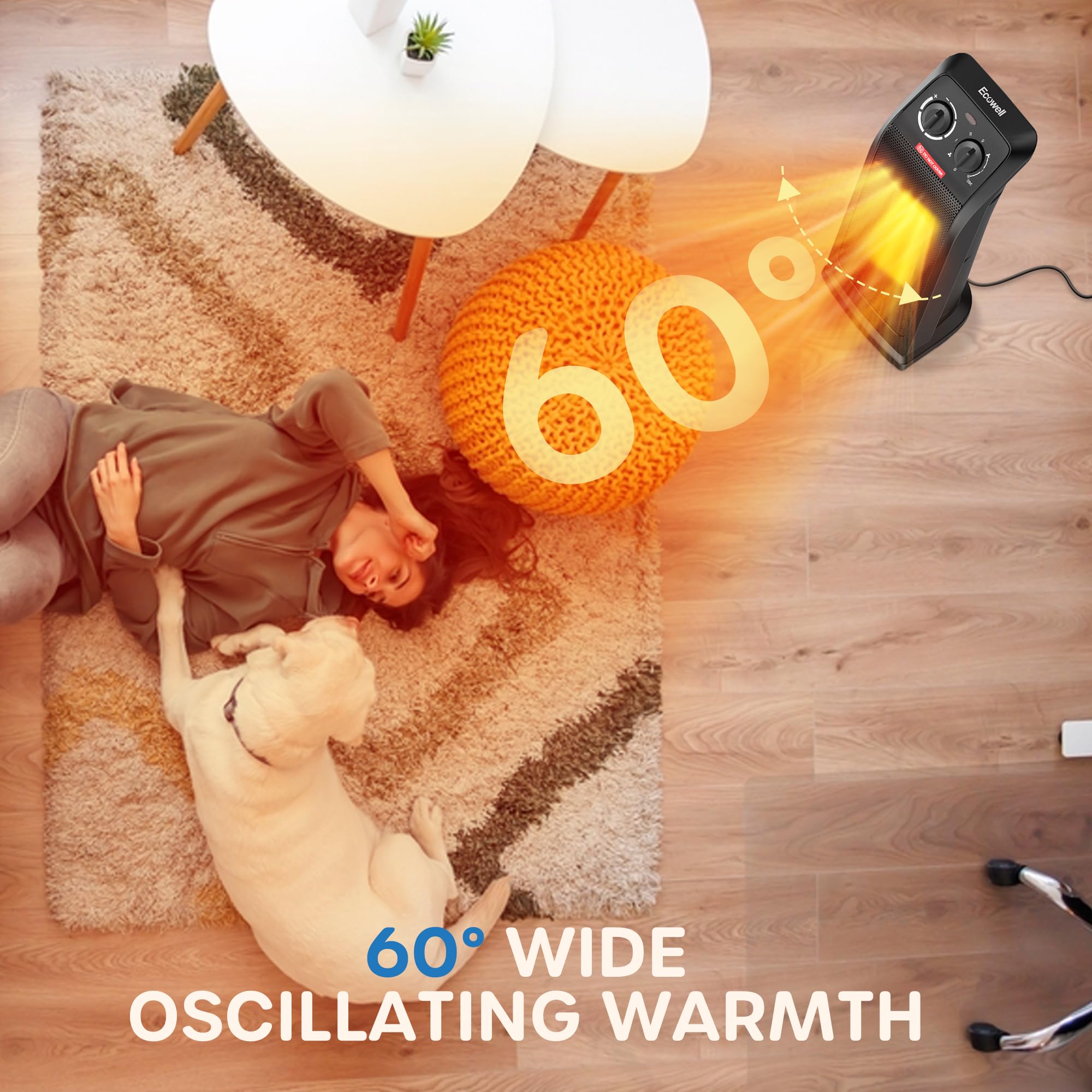 Ecowell 18'' Tower Heater For Indoor Use, 1500W Fast Heating Ceramic Electric Heater With Thermostat, 3 Modes, Tip Over Protecti