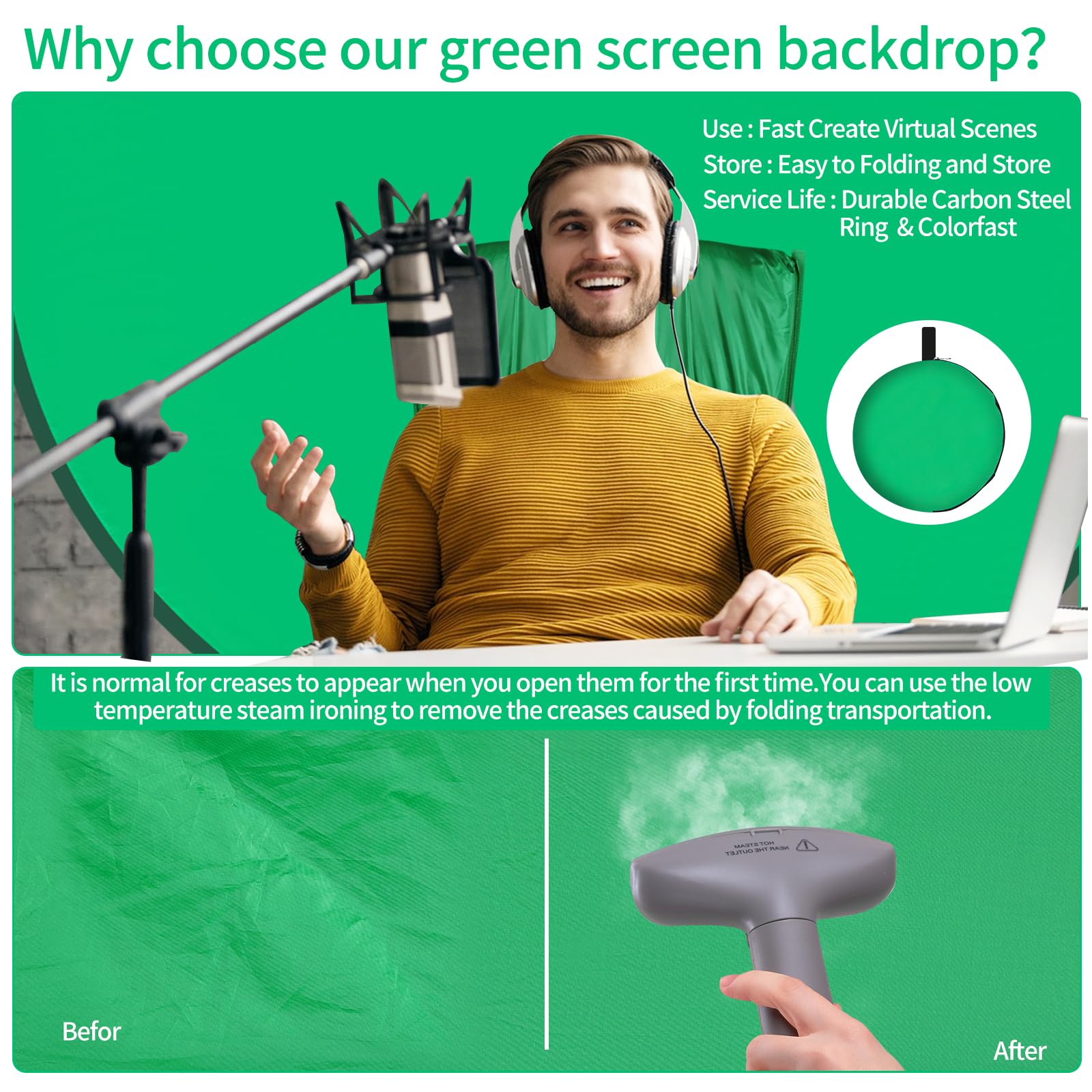 Green Screen Background With Stand,Srimmit Upgrade 1.42M(4.65Ft) Collapsible Greenscreen Backdrop,Pop Up Green Screen With Stora