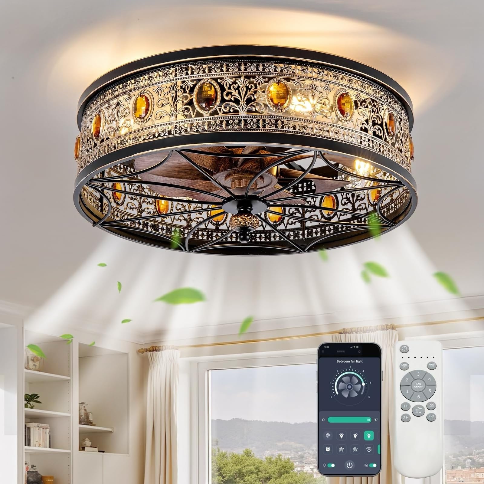 XINGSIYUELYX Caged Ceiling Fan with Light, Vintage Victorian Rustic Crystal Fandelier, Low Profile Flush Mount, Small Enclosed B