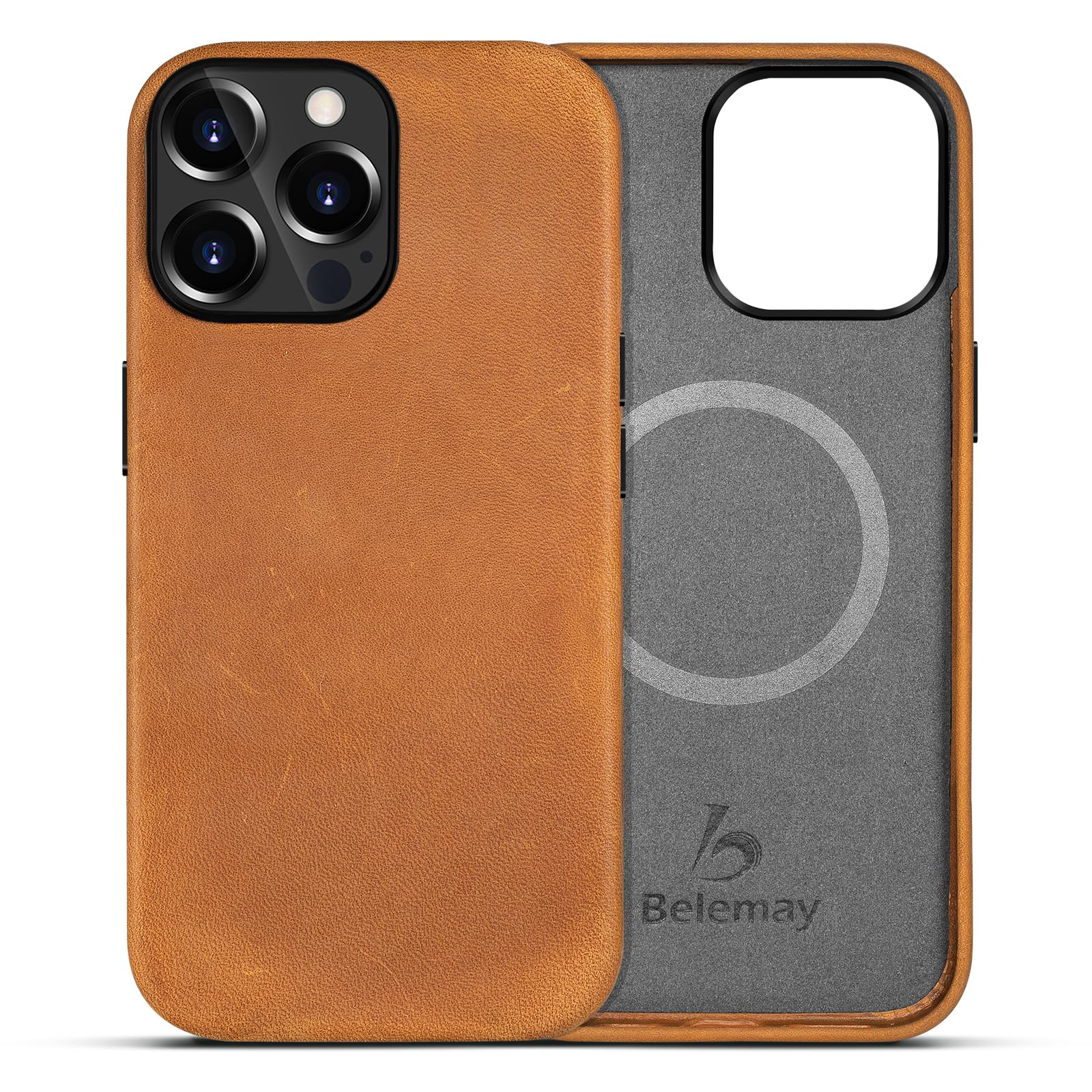 Belemay Compatible With Iphone 12 Pro Max Leather Case Magsafe Top Grain Vintage Crazy Horse Leather Metal Buttons Camera Bezel 