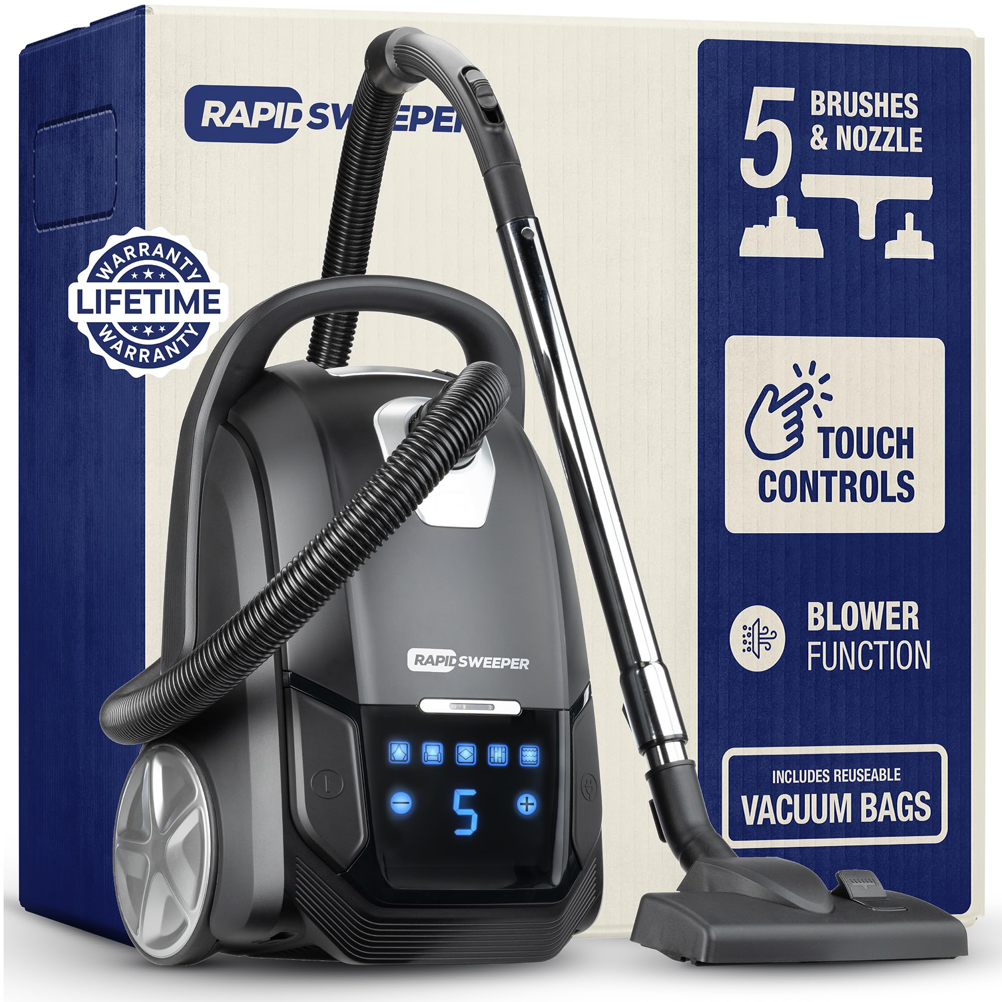 Rapidsweeper Bagged Canister Vacuum Cleaner & Blower For Home   Washable Hepa Filter   5L Capacity   5 Speeds   For Hardwood & L