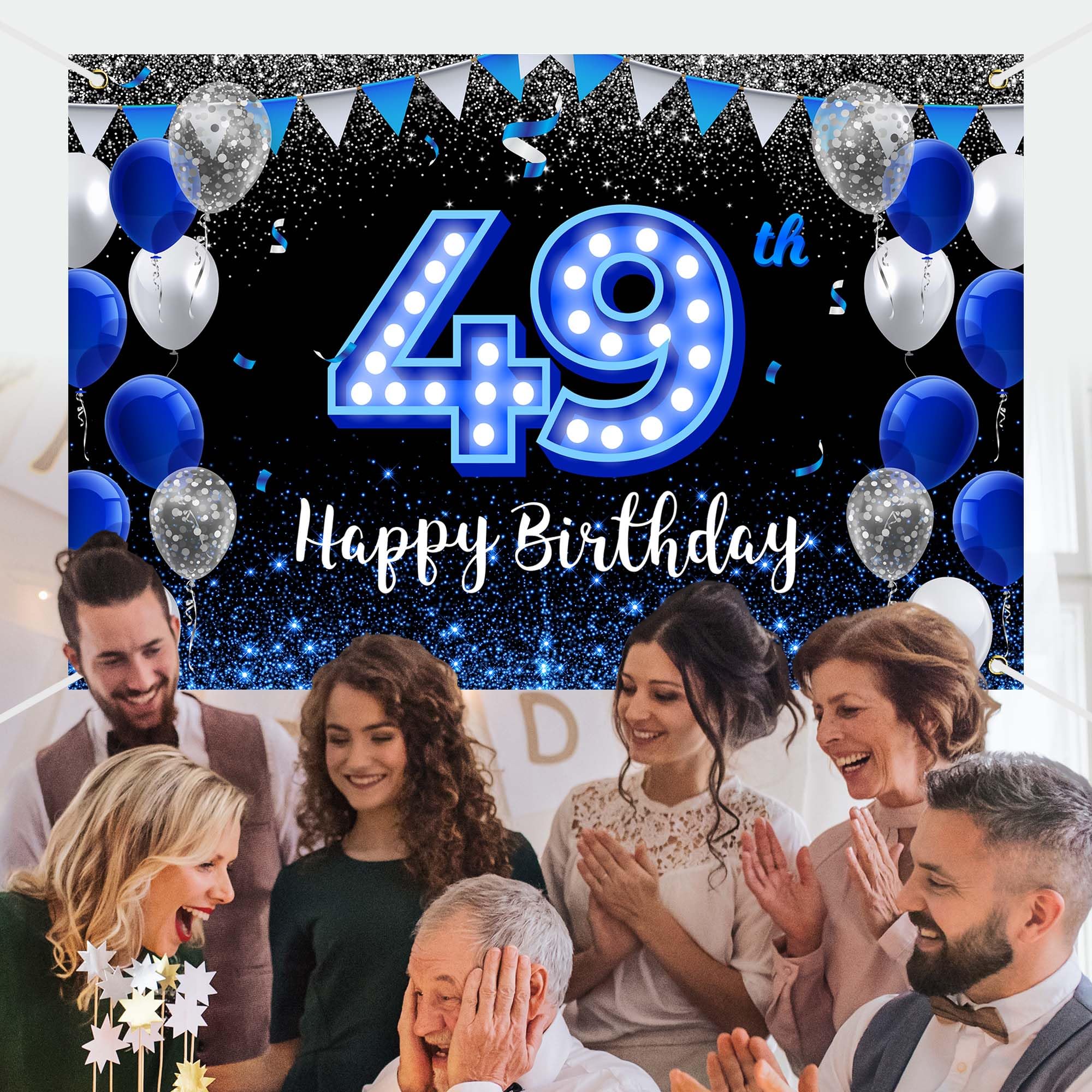 Happy 49Th Birthday Backdrop Banner Blue Black Theme Background With Blue Neon Light Shiny Fashion Birthday Party Photo Photogra