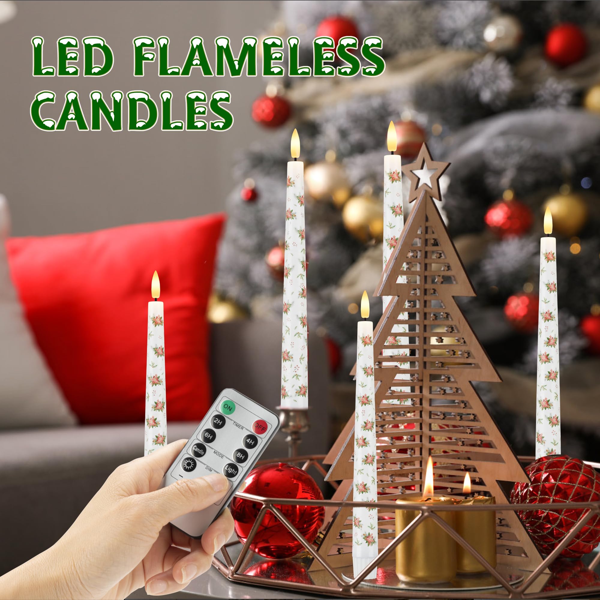Afineth Christmas Flameless Taper Candles With Flowers, 9.6'''' Real Wax Led Candles With Remote, 3 Pcs Flickering Battery Opera