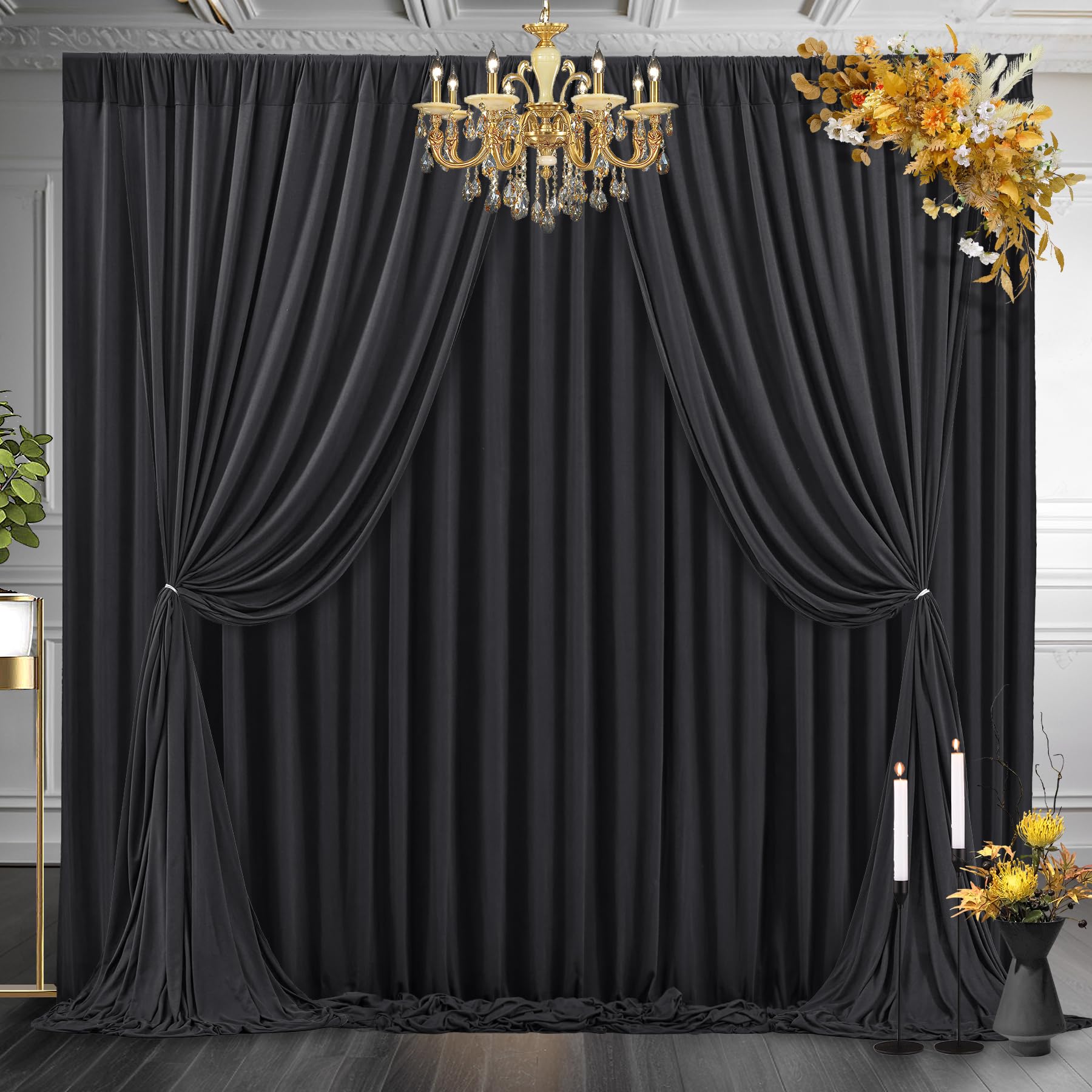 10 X 8Ft Black Backdrop Curtains For Party 2 Panels Polyester Backdrop Drapes With Rod Pockets Black Photo Background Wrinkle Fr