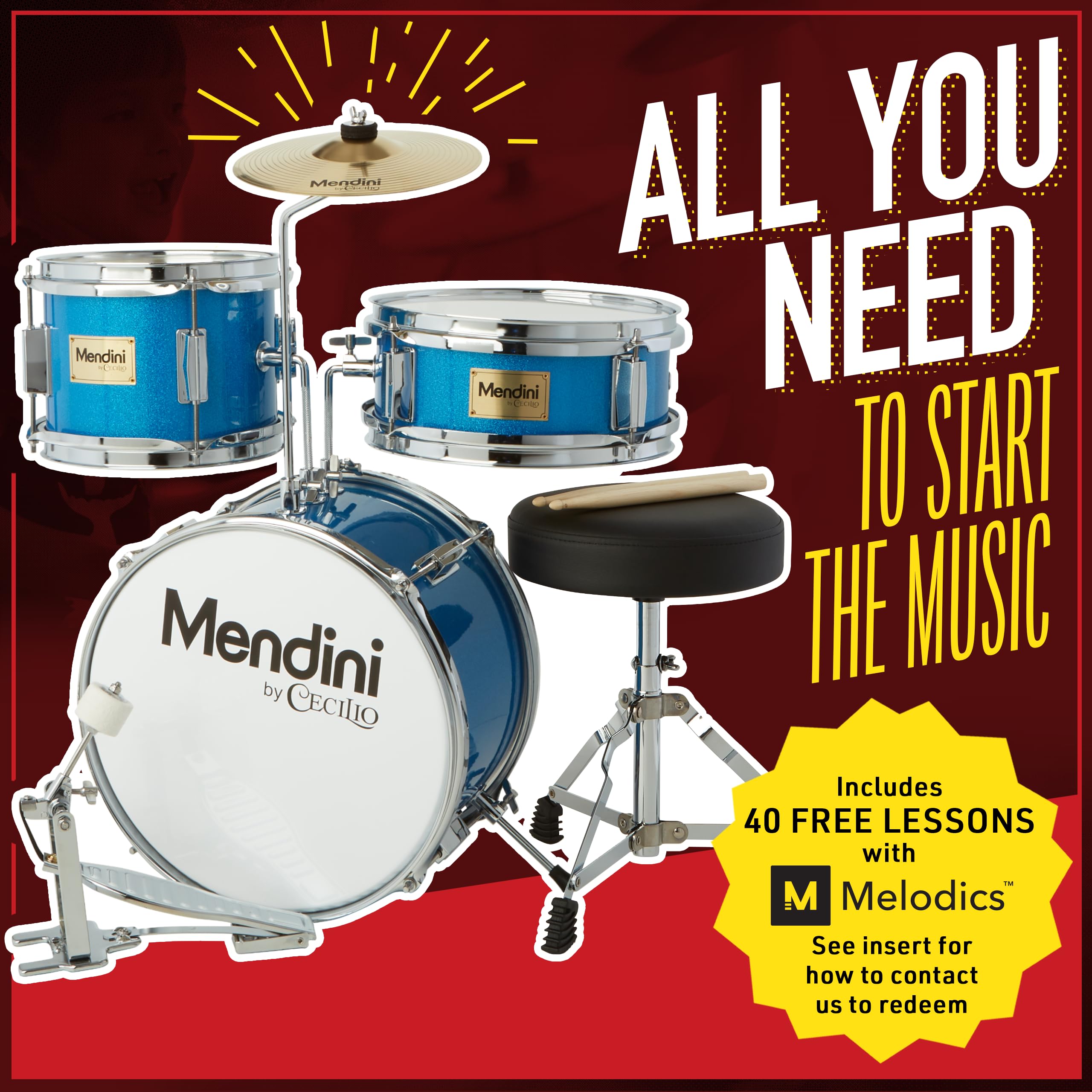 Mendini By Cecilio Kids Drum Set   Junior Kit W/ 4 Drums (Bass, Tom, Snare, Cymbal), Drumsticks, Drum Throne   Beginner Drum Set