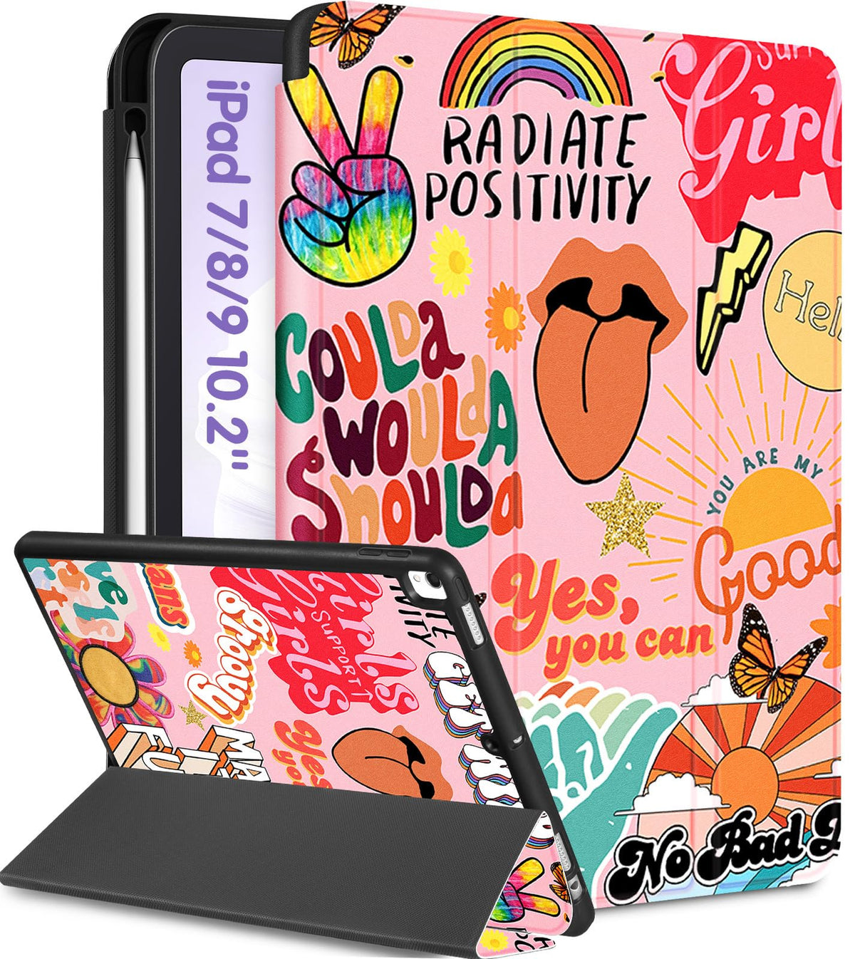 Uppuppy For Ipad 9Th/8Th/7Th Generation Case 10.2 Inch Girls Cute Kids Women Folio Smart Cover Pencil Holder Quote Aesthetic Des