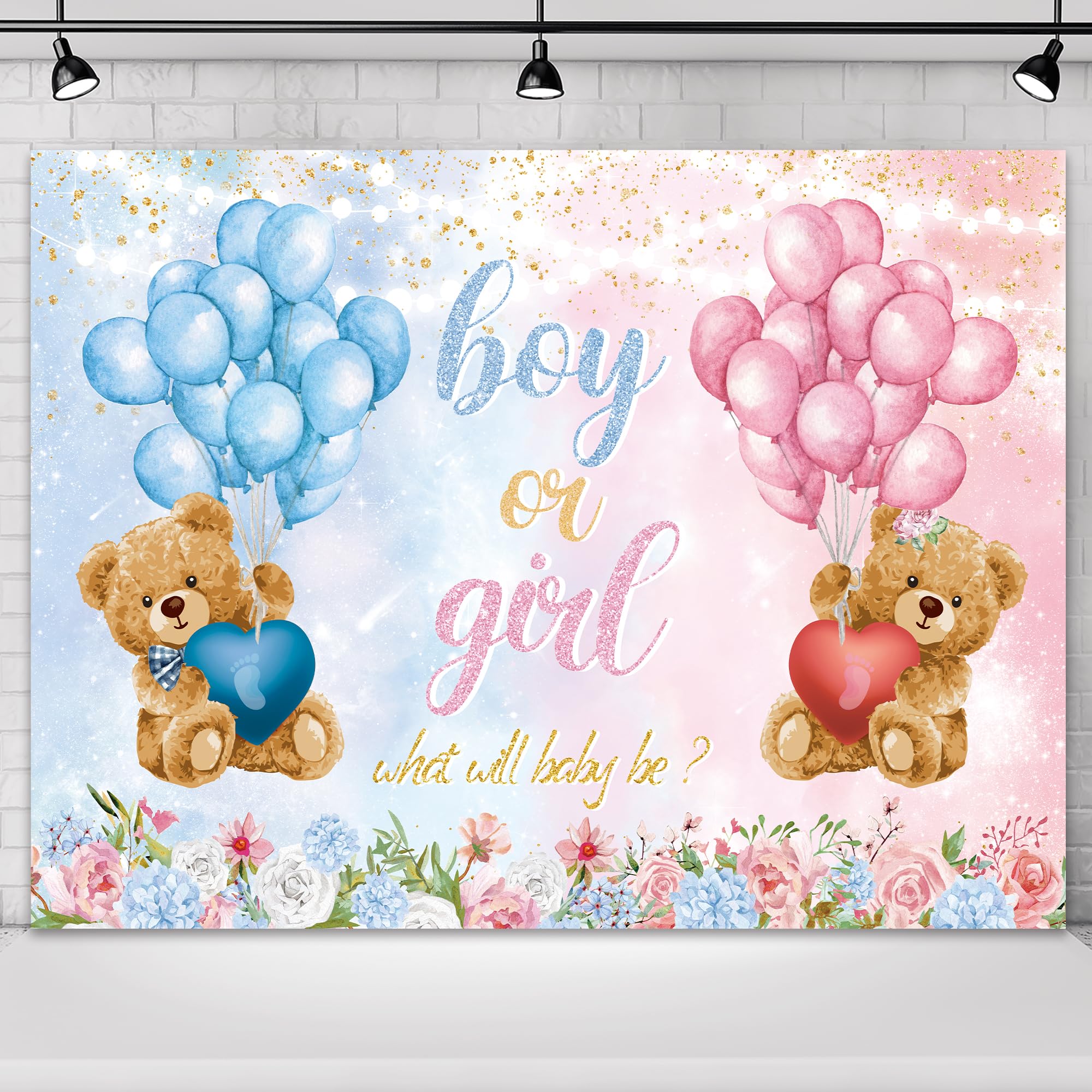 Omifly Bear Gender Reveal 8Wx6H Backdrop For Photography Boy Or Girl Pink Blue Balloon Floral Rose For Newborn Baby Shower Backg