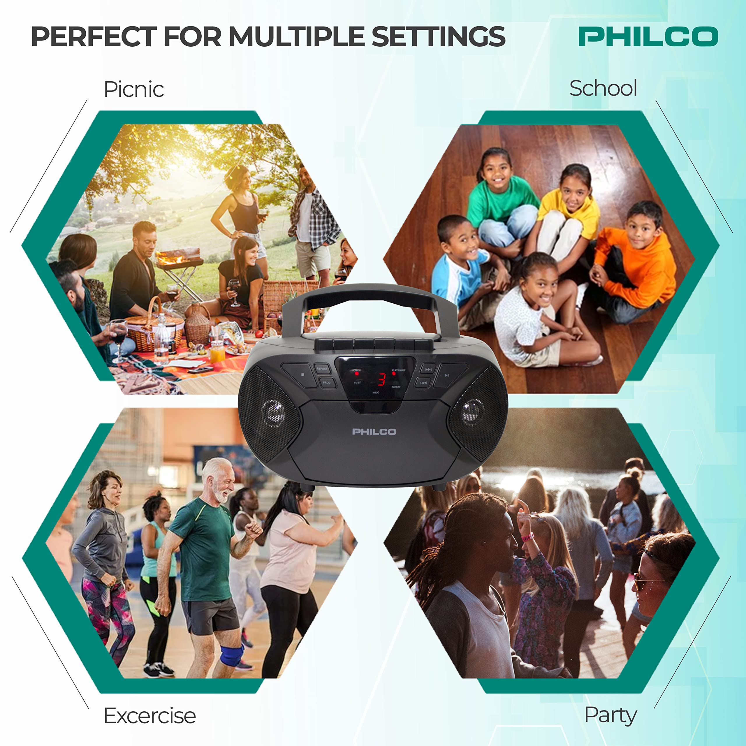 Philco Portable Bluetooth Boombox With Cd And Cassette Player | Cassette Recorder | Connect To Headphones | Cd Player Is Compati