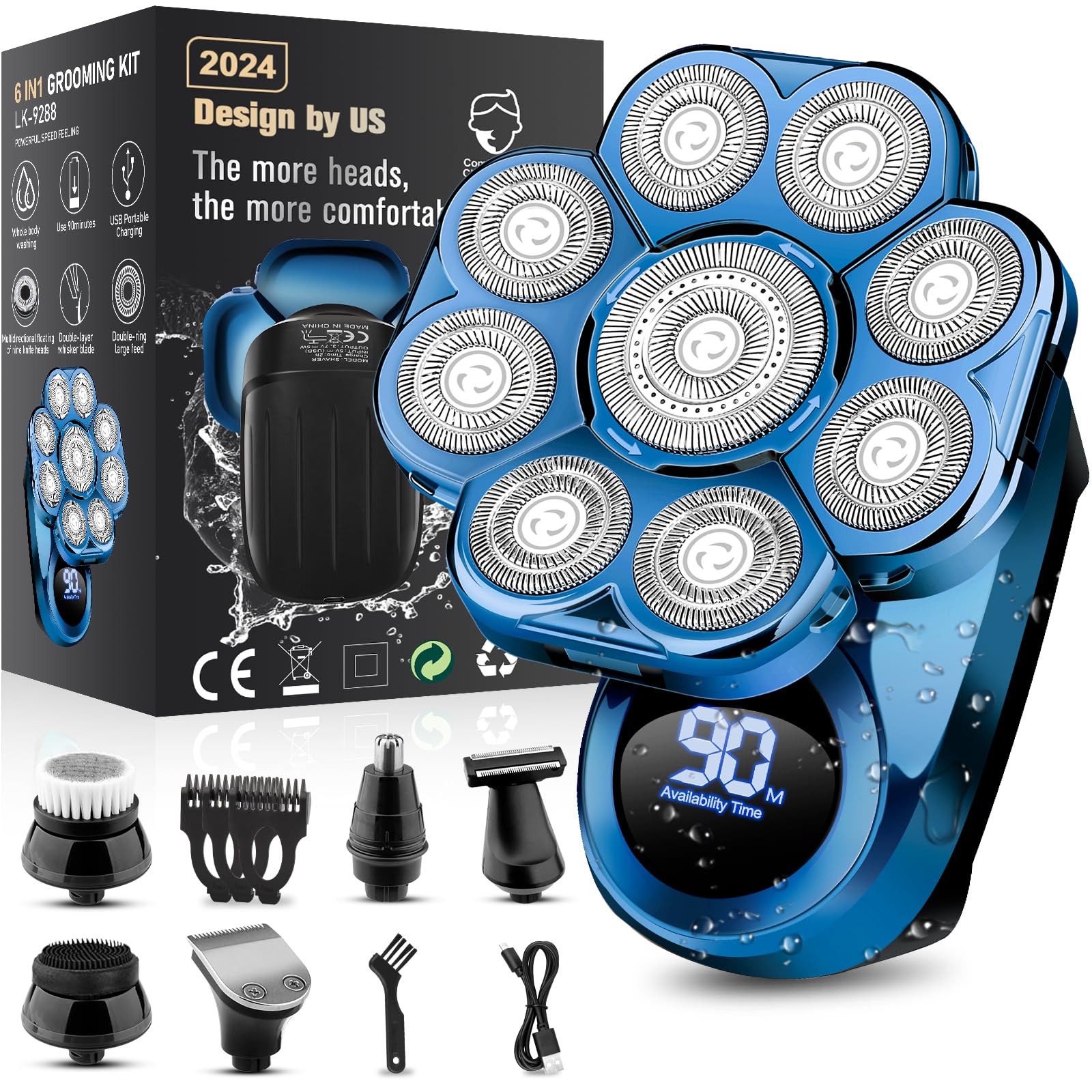 9D Electric Head Shaver For Bald Men, Upgraded 6 In 1 Head Shaver For Bald Men, Waterproof Wet/Dry Grooming Kit Electric Shaver