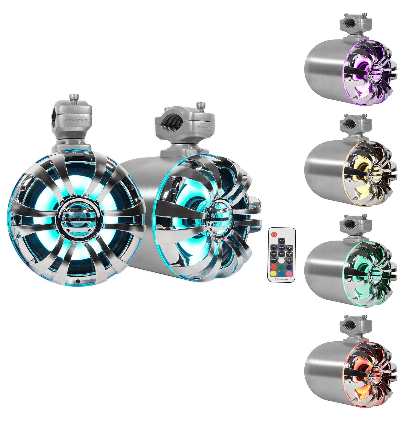 Rockville WB65KLED 600W Peak/300W RMS Marine Wakeboard Tower Speakers Pair, 6.5, Built-in LED Lights, 360 Degree Swivel, Waterpr