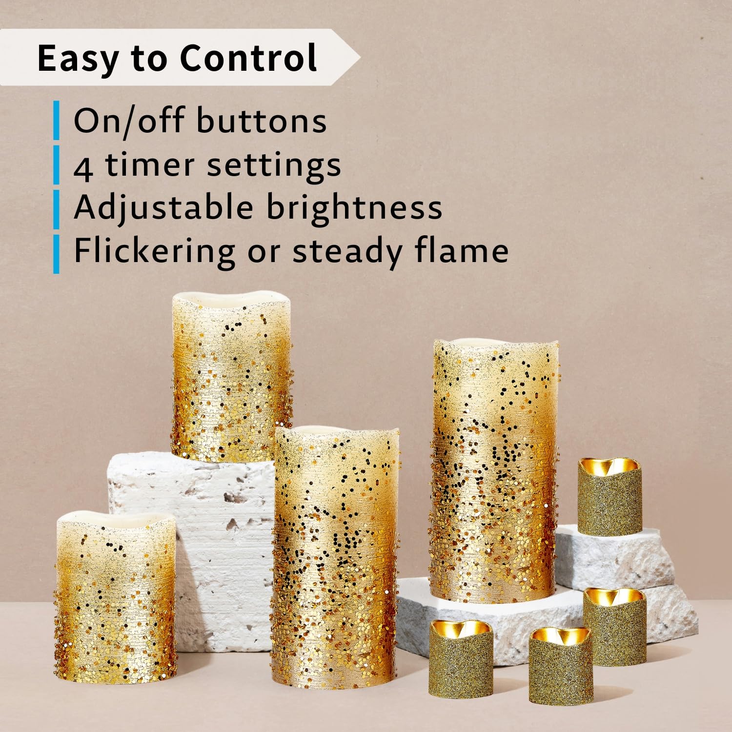 Furora Lighting Gold Glitter Real Wax Candles With Remote And Timer, 4 Pillars And 4 Votives Pack Of 8, Led Flameless Flickering
