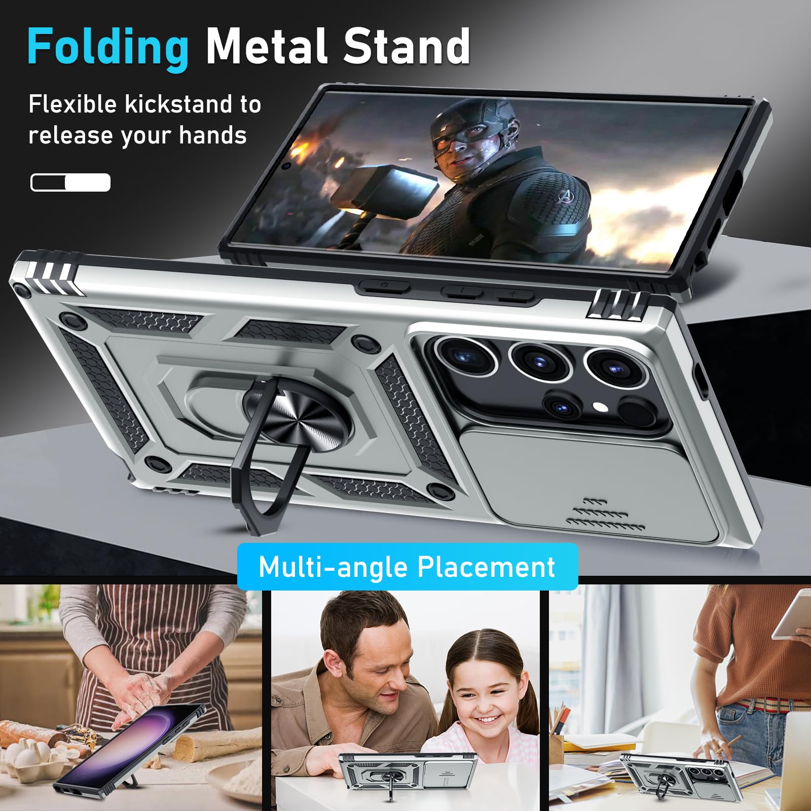 Janmitta Compatible With Samsung Galaxy S24 Ultra Case Built In Slide Camera Lens Cover+Screen Protector+Finger Ring Holder Kick