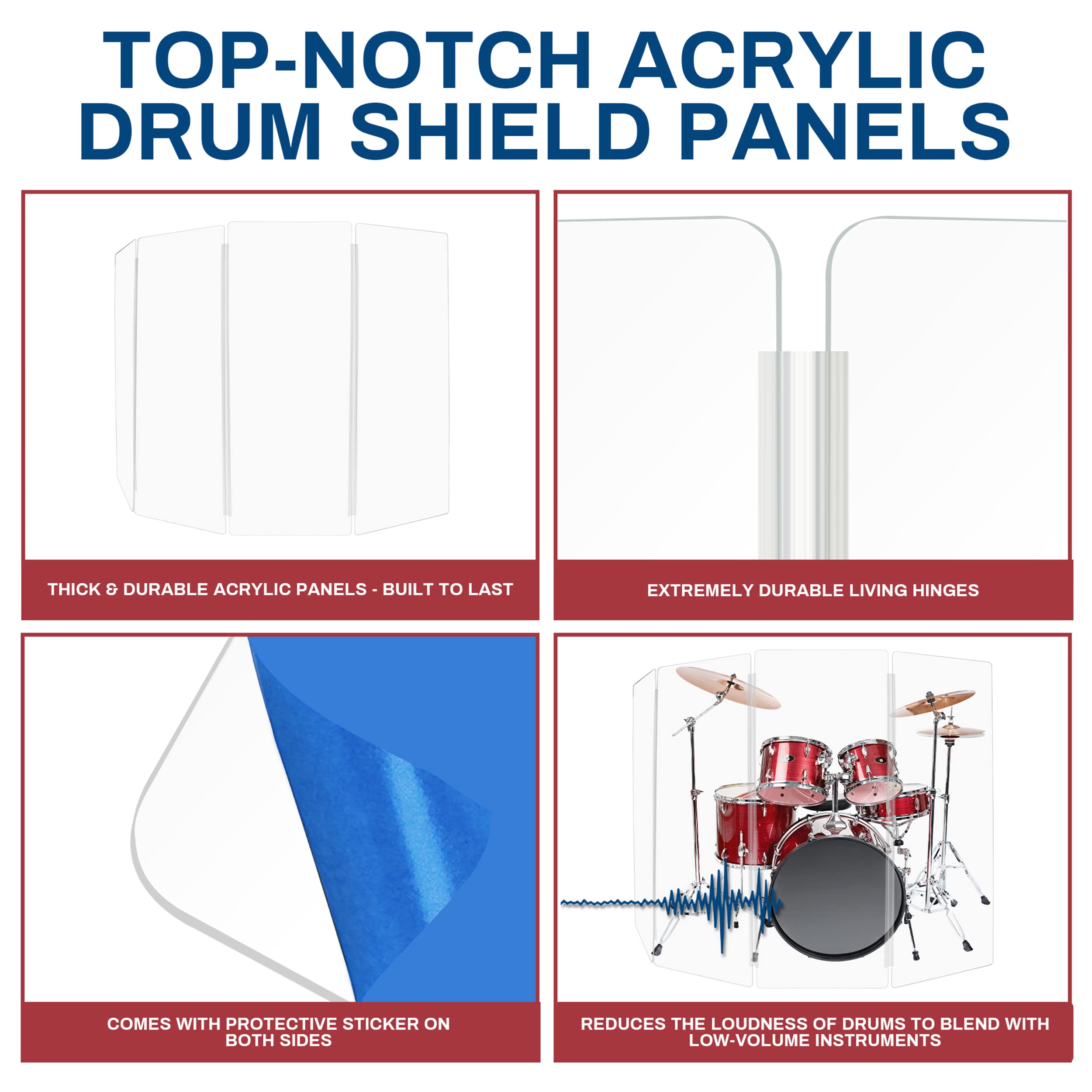 Pennzoni Drum Shield 5Ft W/Plastic Hinges, Comes W/ 4 Drum Panels & Plastic Hinges, Premium Clear Acrylic Panels, Drum Screen