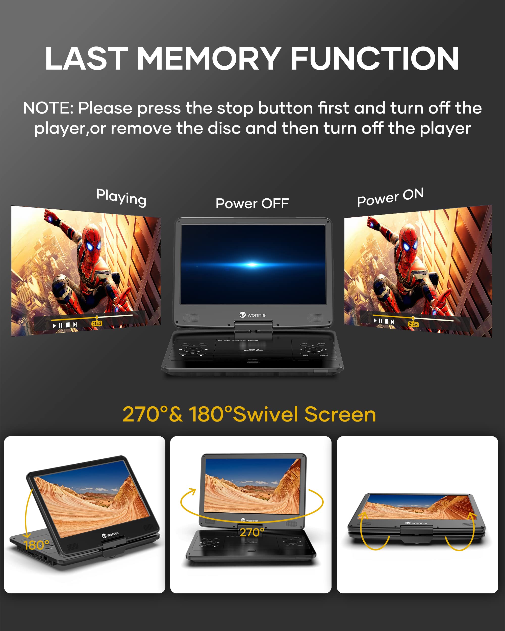 Wonnie 16.9 Portable Blu Ray Dvd Player With 14.1 1080P Hd Swivel Screen, 4-Hour Rechargeable Battery, Supports Hdmi Output, Sur