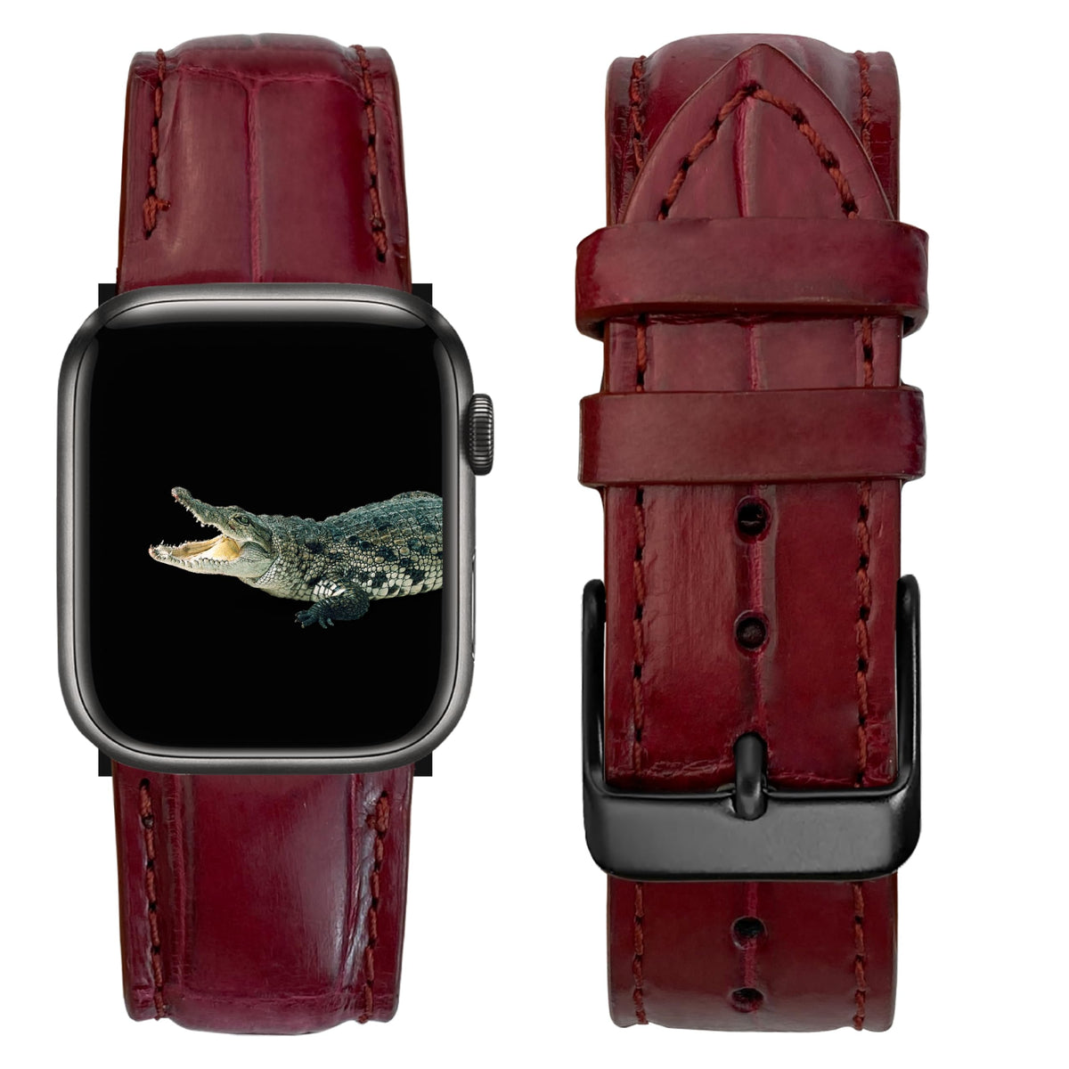 Burgundy Crocodile Leather Band Compatible For Apple Watch 41Mm 40Mm 38Mm For Iwatch Men Alligator Replacement Strap Smartwatch