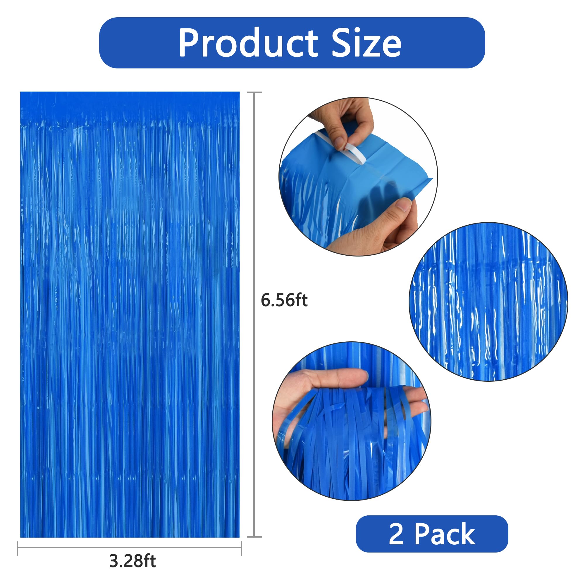 Beishida 2Pcs Dark Blue Door Streamer Fluorescent Blue Backdrop Blue Foil Fringe Curtains Tinsel For Birthday Baby Shower Backdr