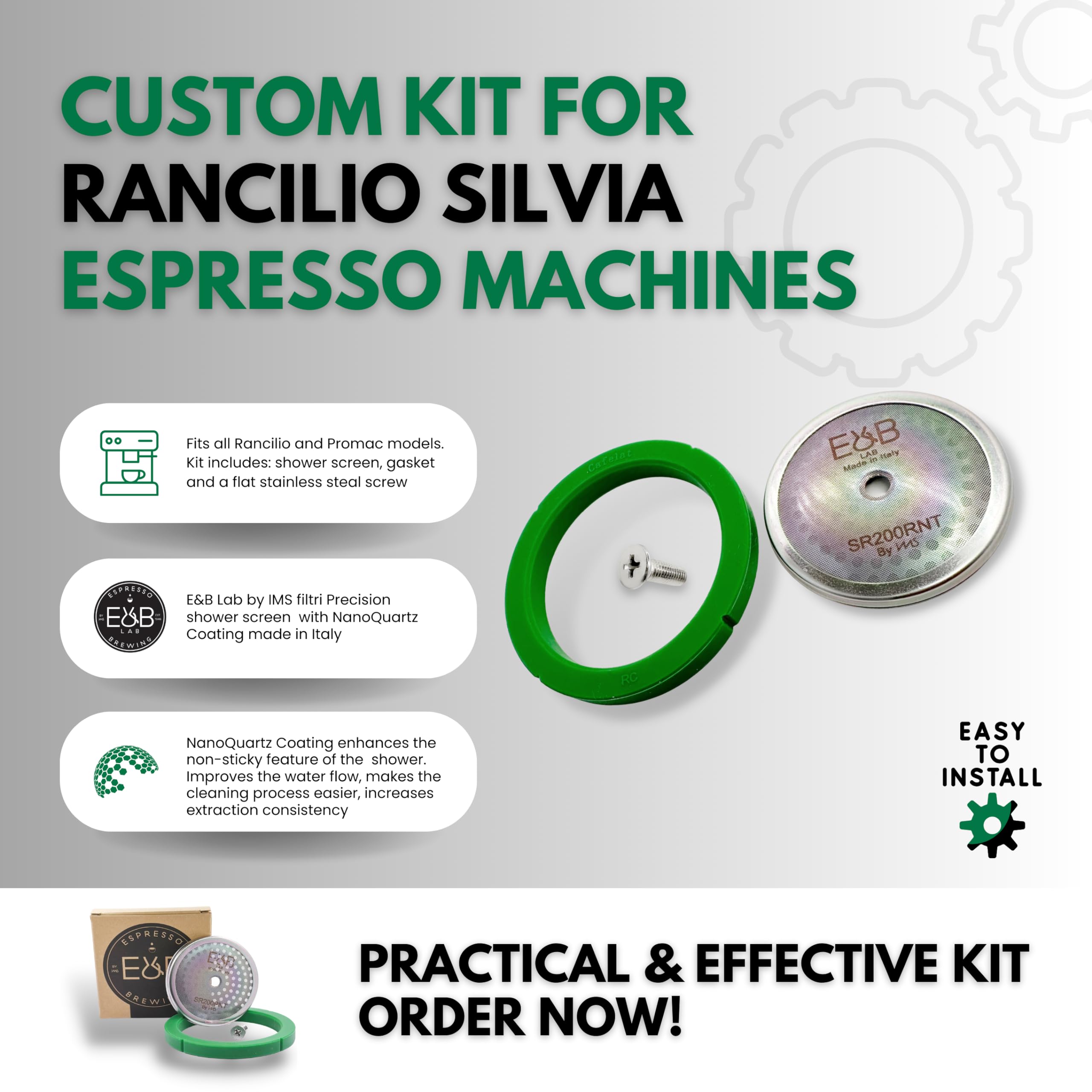 Custom Tune Up Kit 3In1 For Rancilio Silvia. Ims Nanotech Reinforced Screen Srt200Nt, Cafelat Gasket   Green, Flat Screw