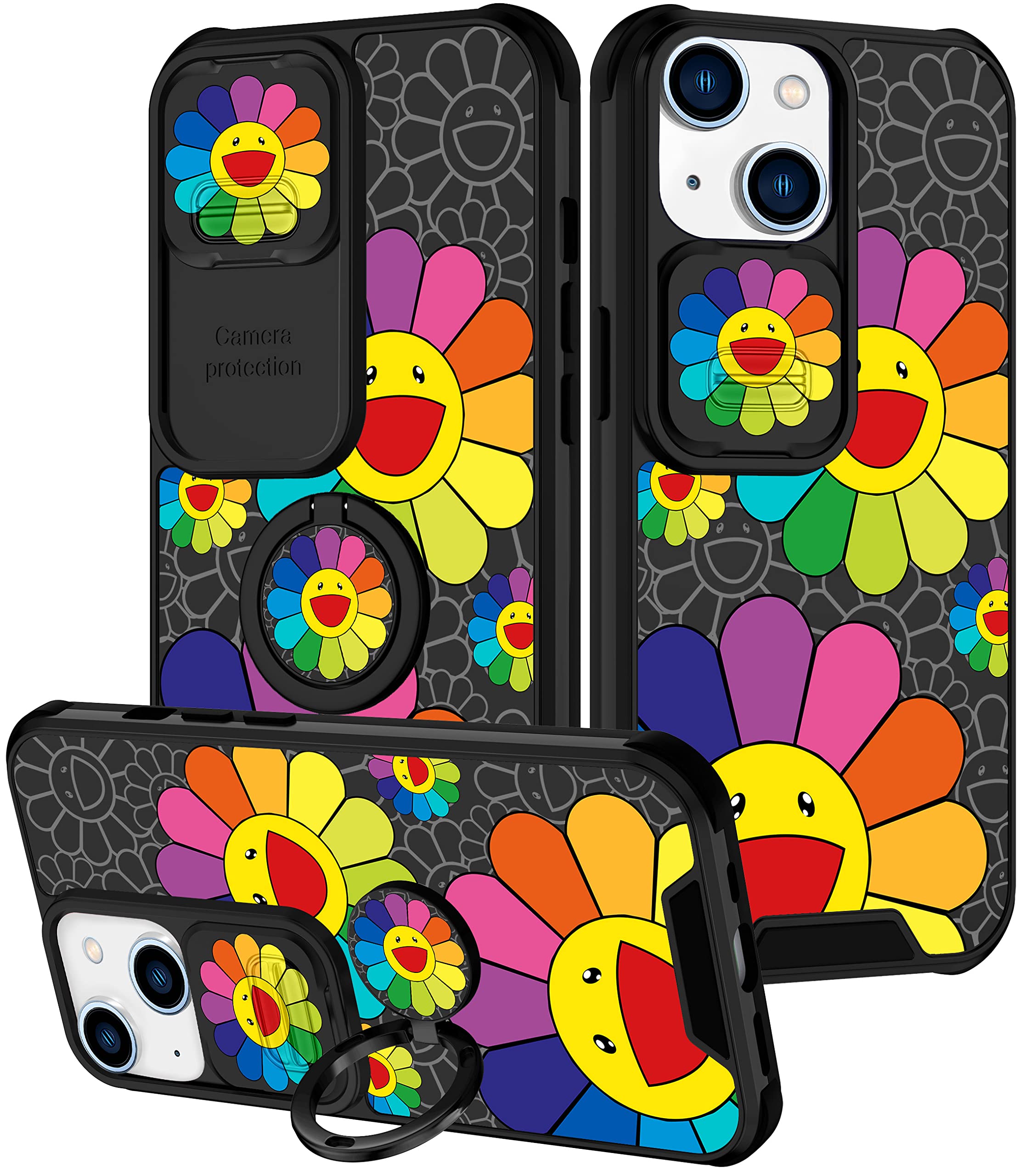 Goocrux (2In1 For Iphone 13 Case Smile Face Flower For Women Girls Pretty Girly Phone Cover Cute Floral Design With Slide Camera