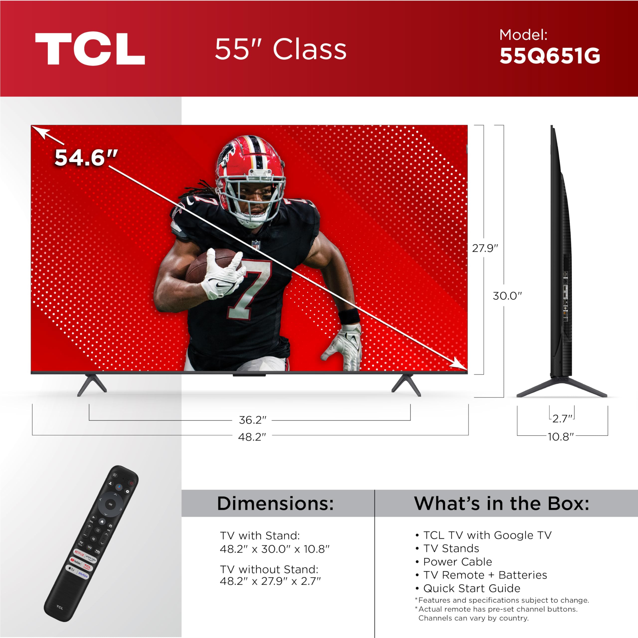 Tcl 55-Inch Q65 Qled 4K Uhd Smart Tv With Google Tv (55Q651G, 2024 Model) Dolby Vision, Dolby Atmos, Hdr Pro+, Game Accelerator