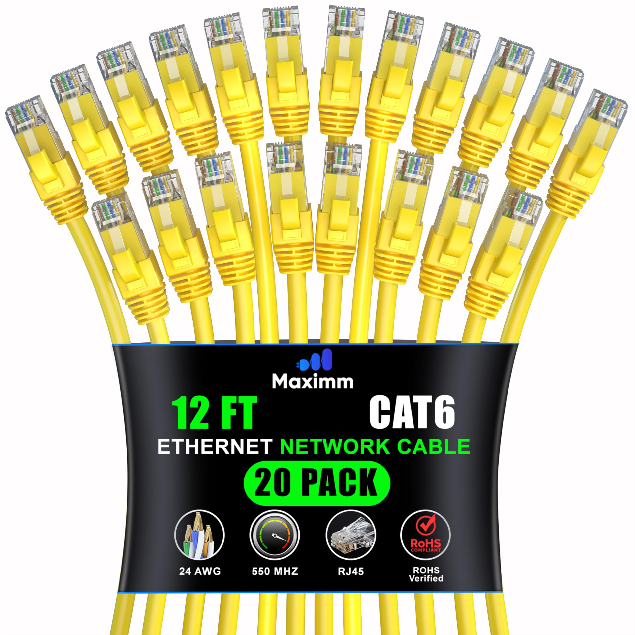 Maximm Cat 6 Ethernet Cable 12 Ft (20 Pack)   High Speed Lan Cable, Internet Cable, Patch Cable, And Network Cable   Utp, 10Gbps, 550Mhz Ethernet Cord   Yellow