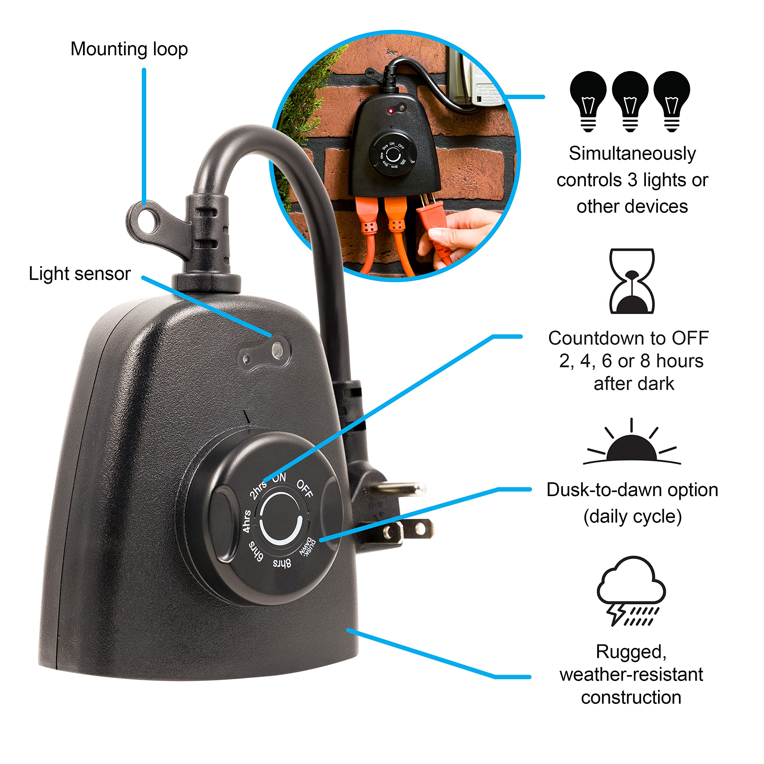 Ge Outdoor Timer With Dusk To Dawn Sensor   3 Grounded Outlets, 8/6/4/2Hr Countdown, Weather Resistant, Black, 1 Pack