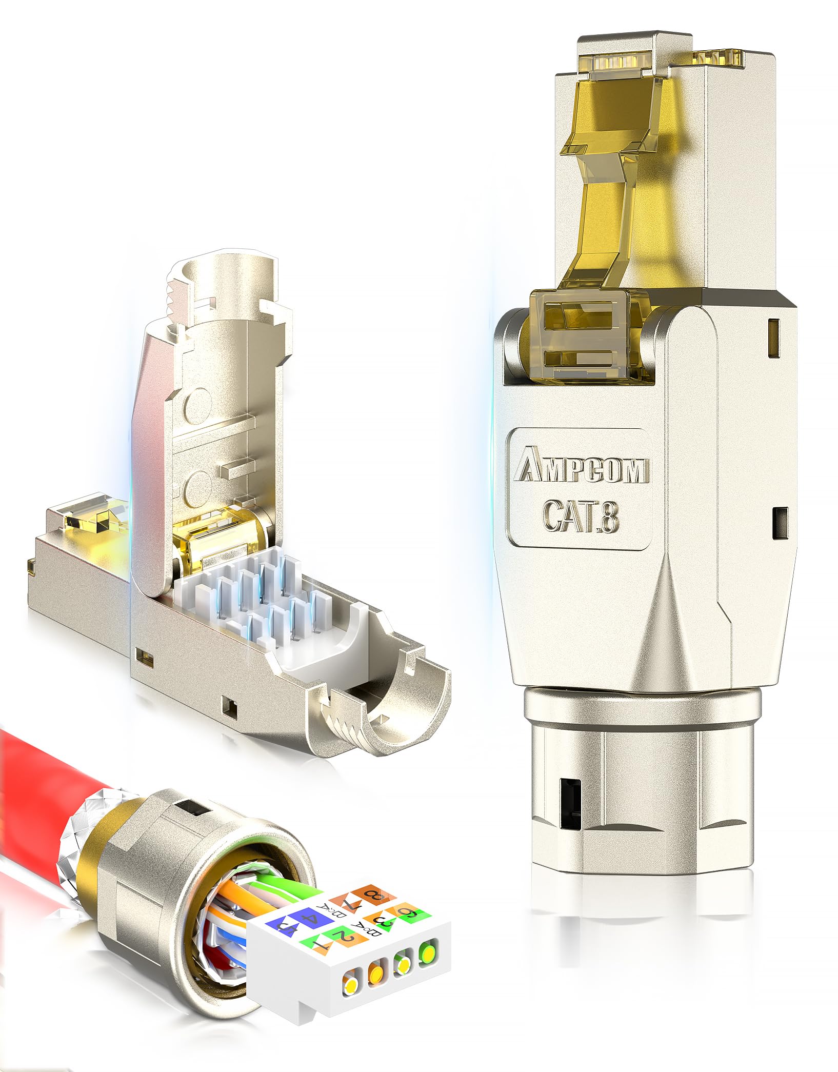 Ampcom Stp Cat8 Rj45 Connector Zinc Alloy Tool Free Ethernet Field Termination Modular Plug  6 Pack