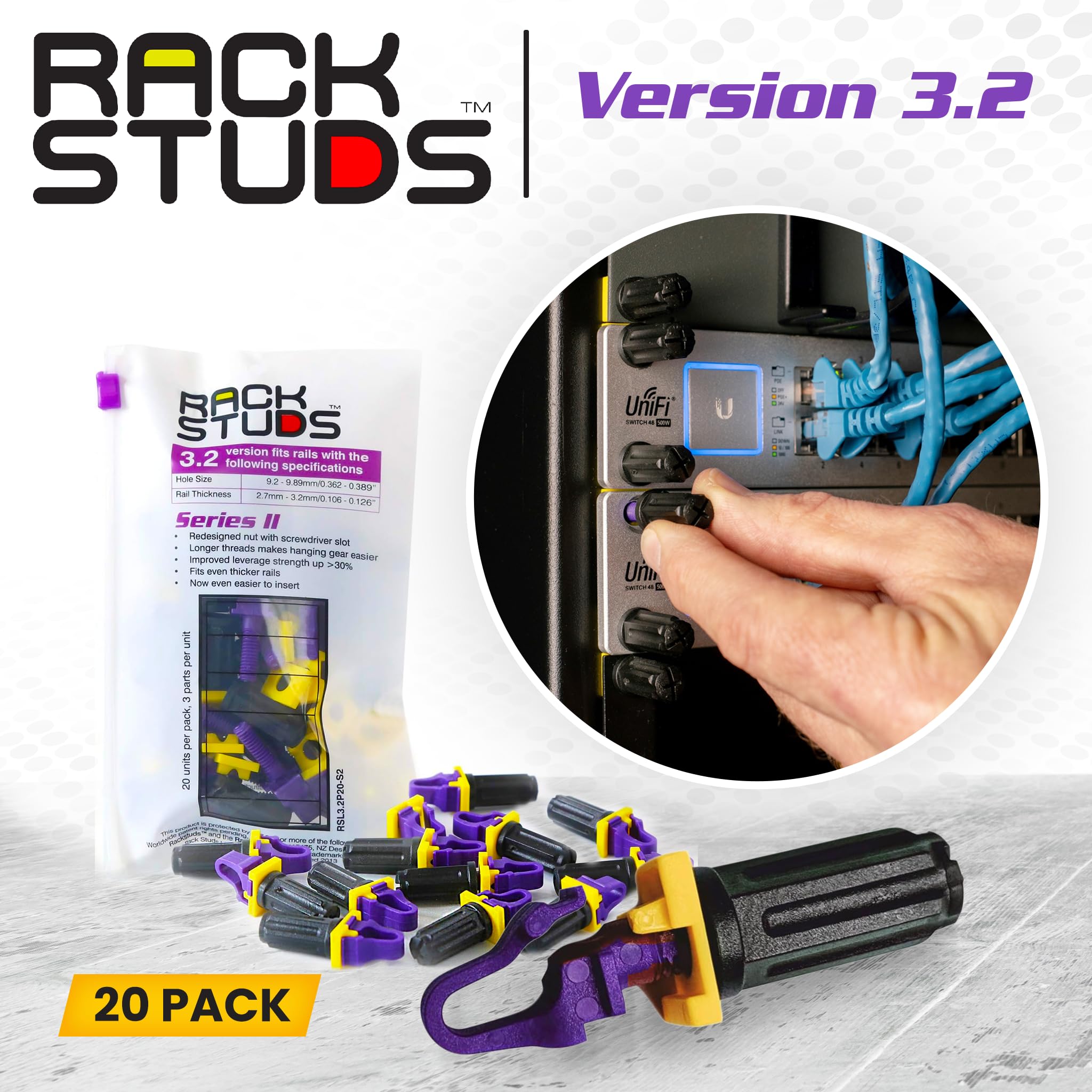 Rackstuds   P20 Rack Mount Ii   Rack Screws For Server Rack Rails 19'' Square Punched Vertical Rails, Perfect Cage Nut Replaceme