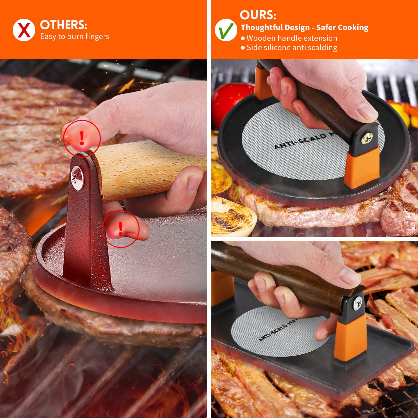 Ggc Cast Iron Burger Press Kit, 7'' Round And 8''X4'' Rectangle Smash Burger Press Set For Grill And Griddle Cooking, 2Pcs Meat