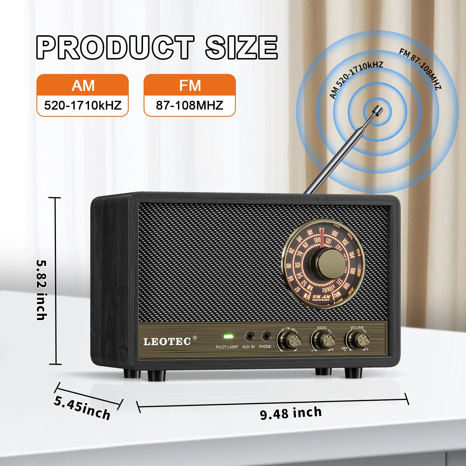 Leotec Am Fm Radio,Retro Wood Table Radio,Portable Bluetooth Speaker Plug In Wall,Best Reception With Aux,Headphone Jack,Bass Co