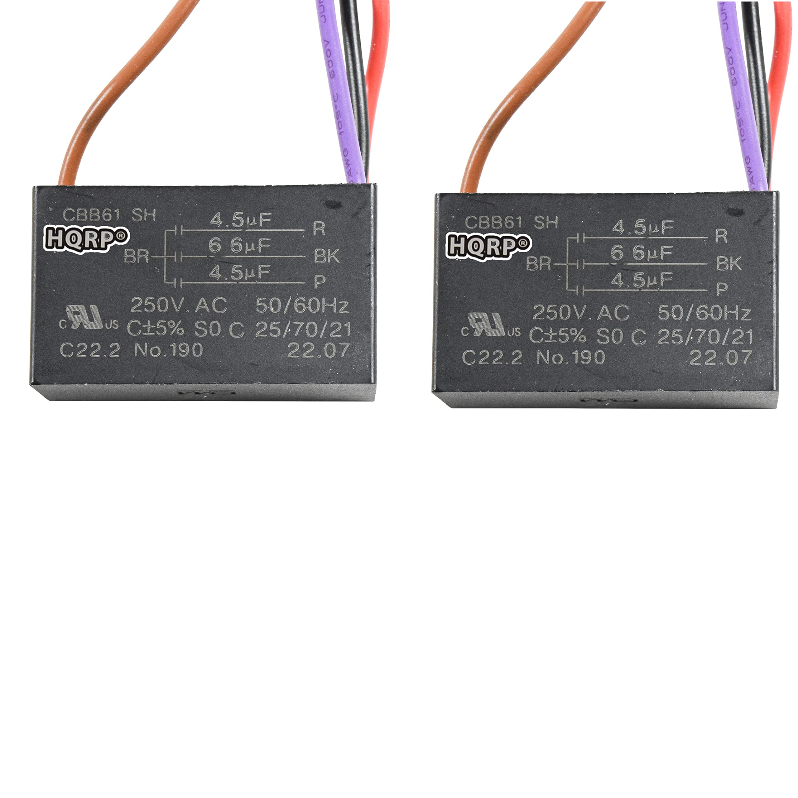 Hqrp 2 Pack Ceiling Fan Capacitor Cbb61 4.5Uf+4.5Uf+6.6Uf 4 Wire
